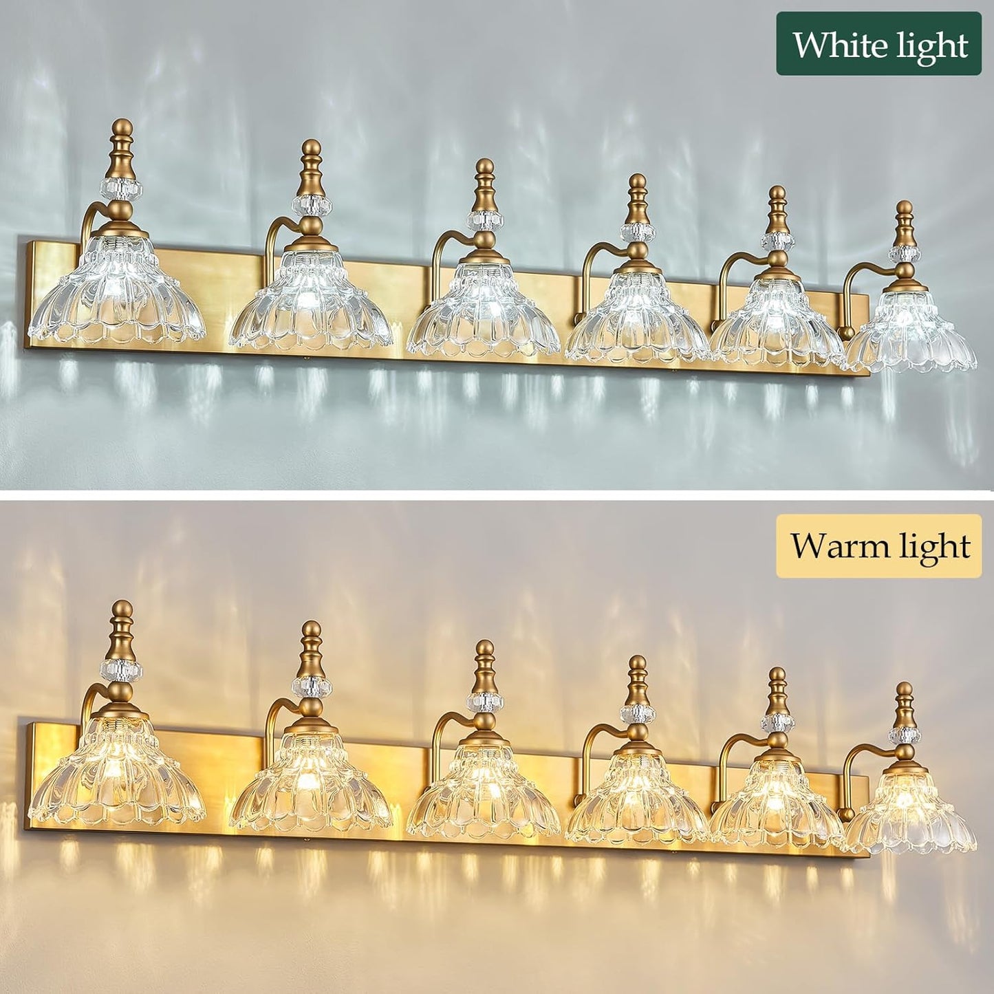 Vintage Bathroom Vanity Light, 6-Light Brass Vanity Lighting Fixture with Flower Glass Shade, Bathroom Lighting Fixtures Over Mirror