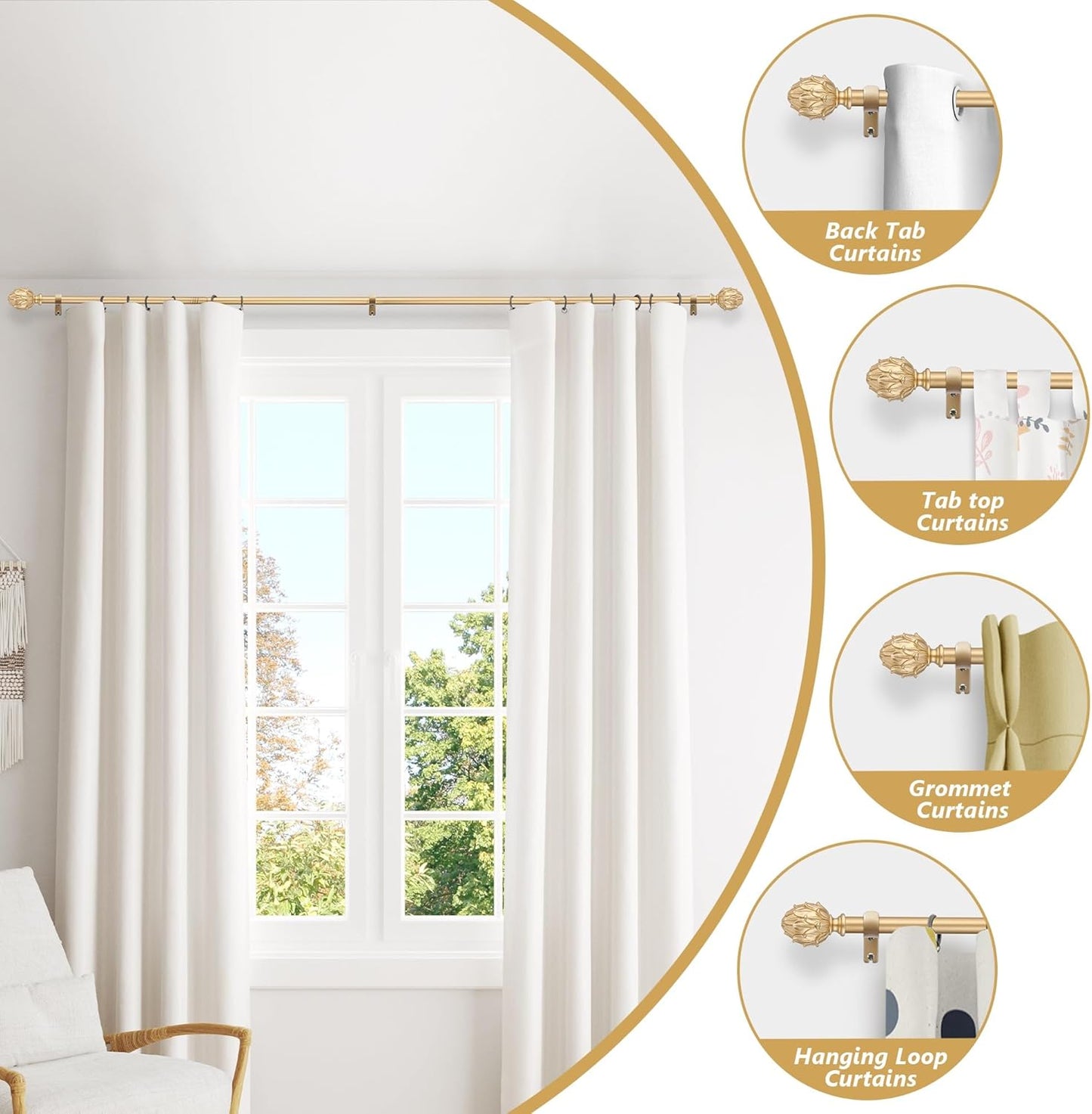 Curtain Rods 28"-48" Adjustable, Gold, Metal, Wall Mounted, Single Window Treatment Rods with Classic Finials
