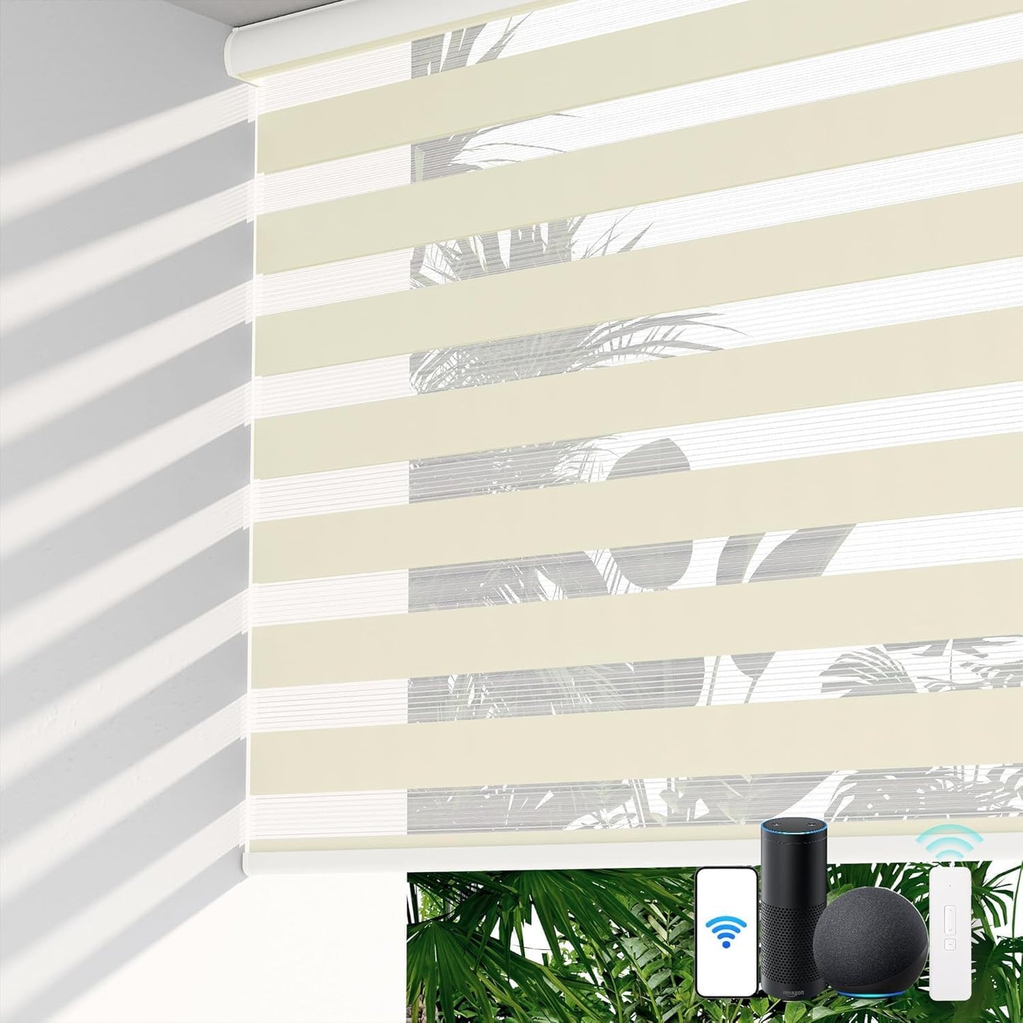 LazBlinds Motorized Zebra Roller Shades, Rechargeable Smart Blinds with Remote Control, Custom Size Light Filtering Dual Layer Roller Sheer Shades, Cream
