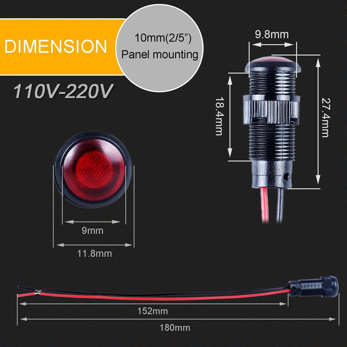 5pcs 10mm LED Indicator Light Plastic Black Signal Dot Lamp 110-220V AC 2/5" Mounting Hole Size with 15cm/5.9in. Wire (Red LED)