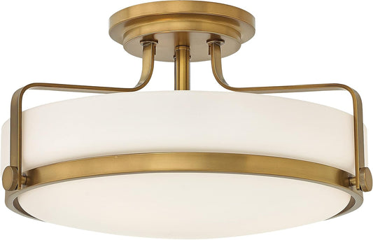 Hinkley Harper Medium Semi-Flush Mount Ceiling Light - Sleek, Retro Style, Etched Opal Glass - Heritage Brass Finish