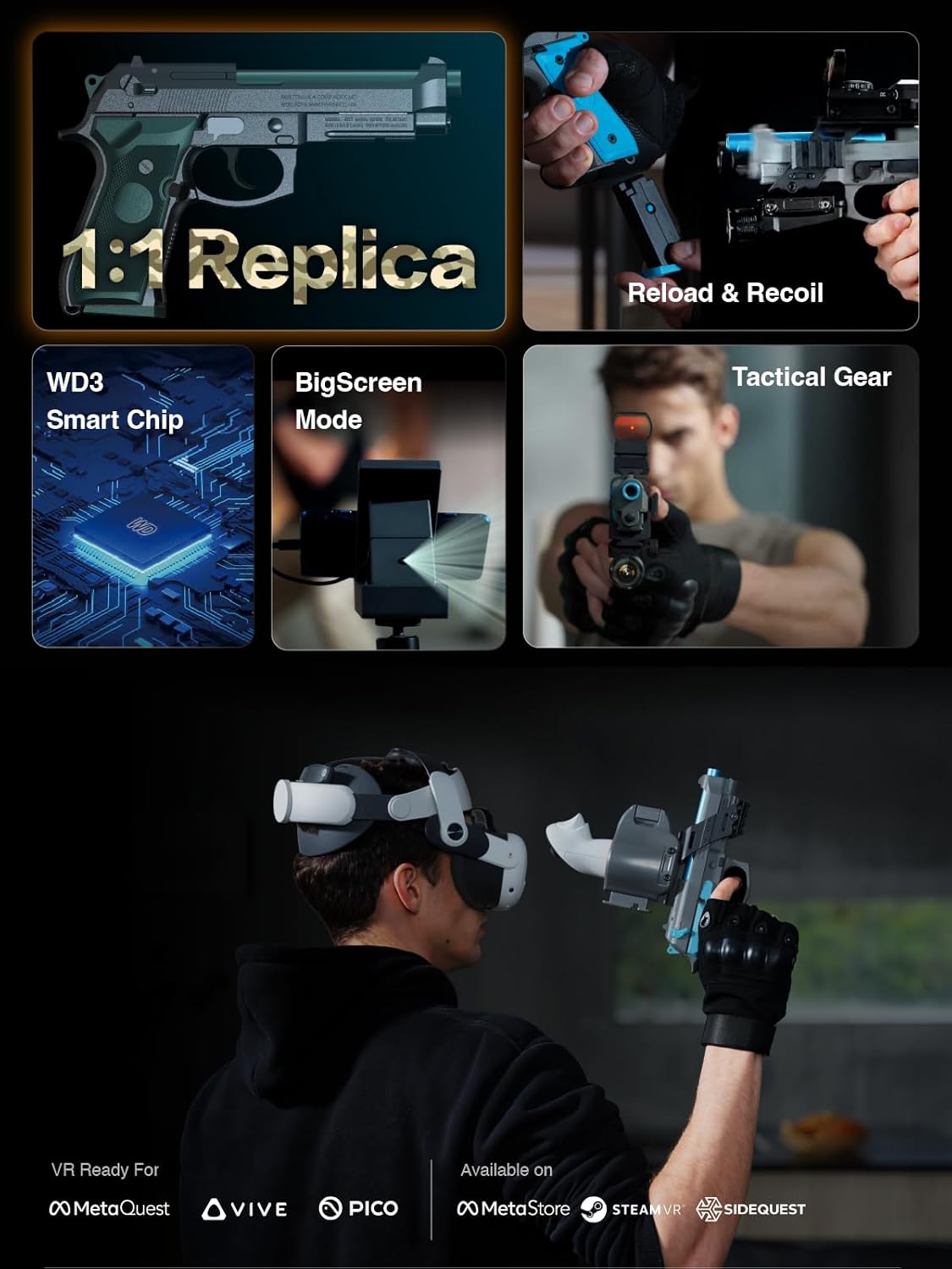 WonderFitter M9 VR Pistol Controller for Meta Quest 2/3/3S SteamVR HTC Vive PICO Realistic Shooting Simulator with Recoil Trigger Pull Detachable Magazine FPS Gun Accessory for Pavlov Onward Half-Life