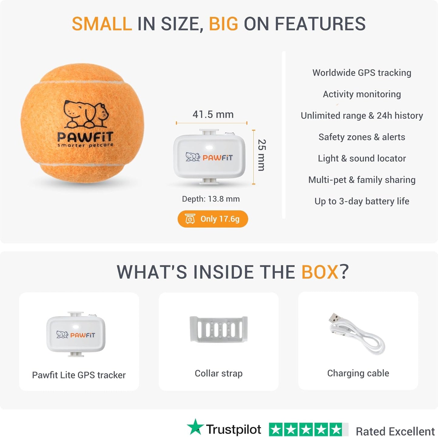 Pawfit Lite for Small Dogs 4g GPS Tracker | Real Time Tracking | Activity Monitoring |Location History | Unlimited Range | Simply White