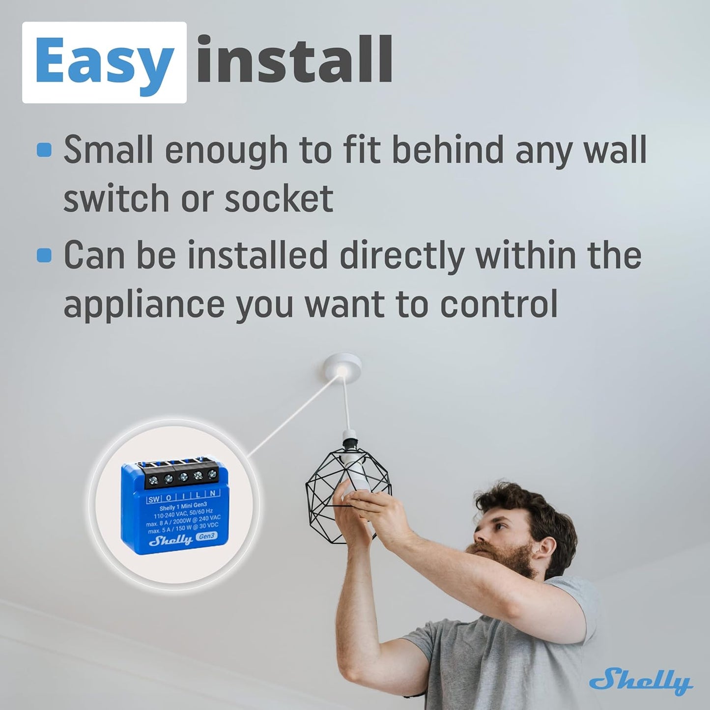 Shelly 1 Mini Gen3 | WiFi Smart Switch Relay 1 Channel 8A | Home Automation | Bluetooth Gateway | Compatible with Alexa & Google Home | iOS Android App | No Hub Required | Dry Contacts