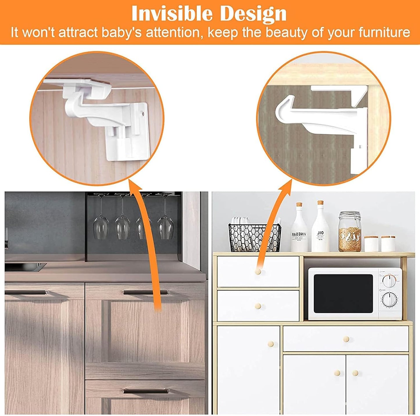 2 Pack Upgraded Invisible Baby Proofing Cabinet Latch Locks – No Drilling or Tools Needed, Fits Most Cabinets & Drawers, Works with Countertop Overhangs, Strong Adhesive for Easy & Secure Installation