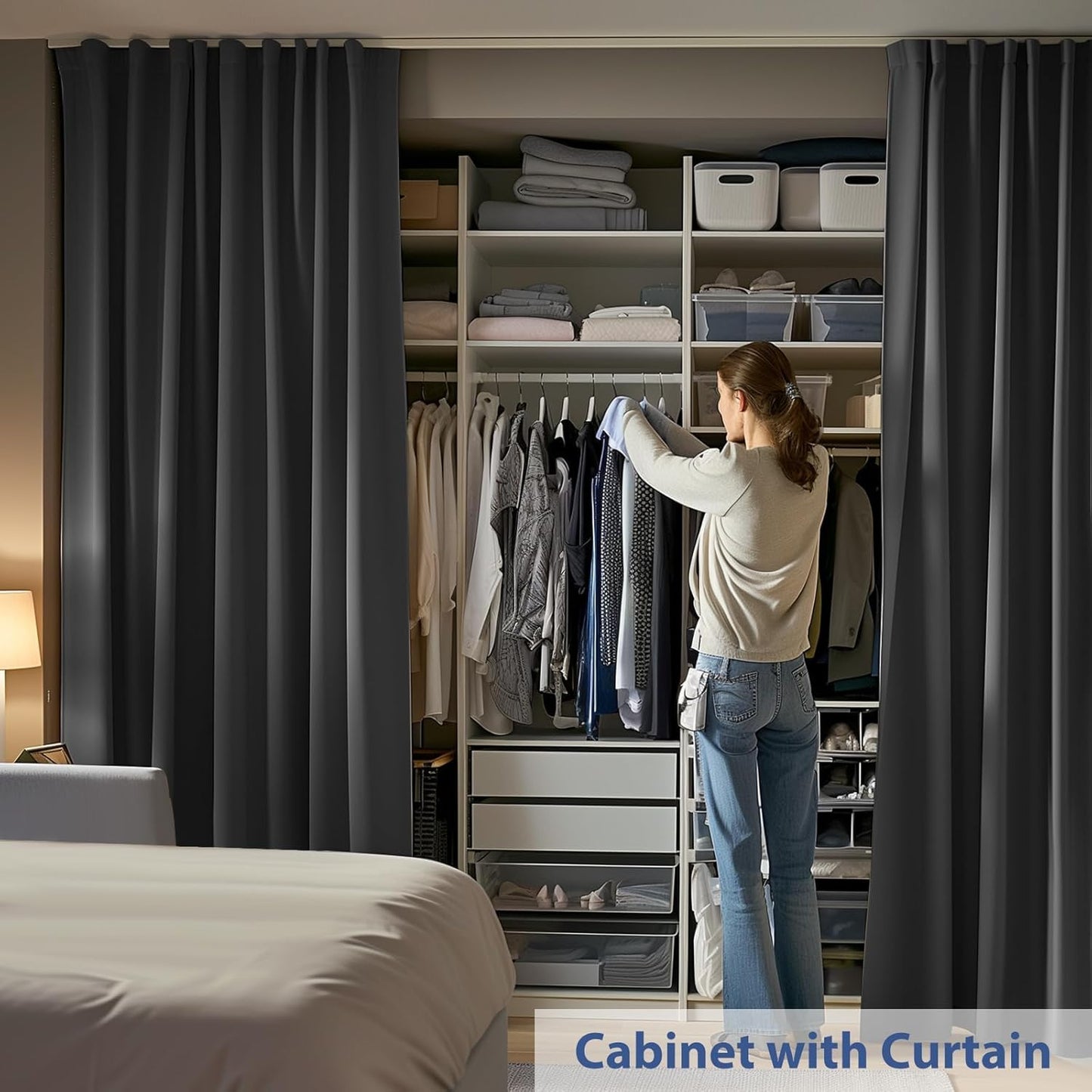 Room Divider Ceiling Mounted Curtains Track Sets Extra Wide Blackout Curtain Flexible Tracks for Bedroom Privacy Partition Separator, 1Panel Black Drape and White Rail, W10 x H10ft