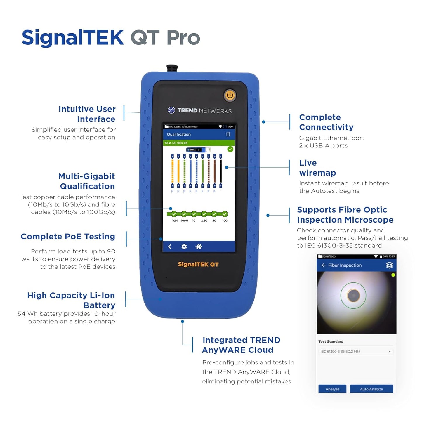TREND Networks | SignalTEK QT Pro | All-in-One 10G Copper, Fiber & Wi-Fi Qualification Tester | Advanced Wi-Fi Diagnostics | PoE Load Testing & Network Diagnostics | R166001