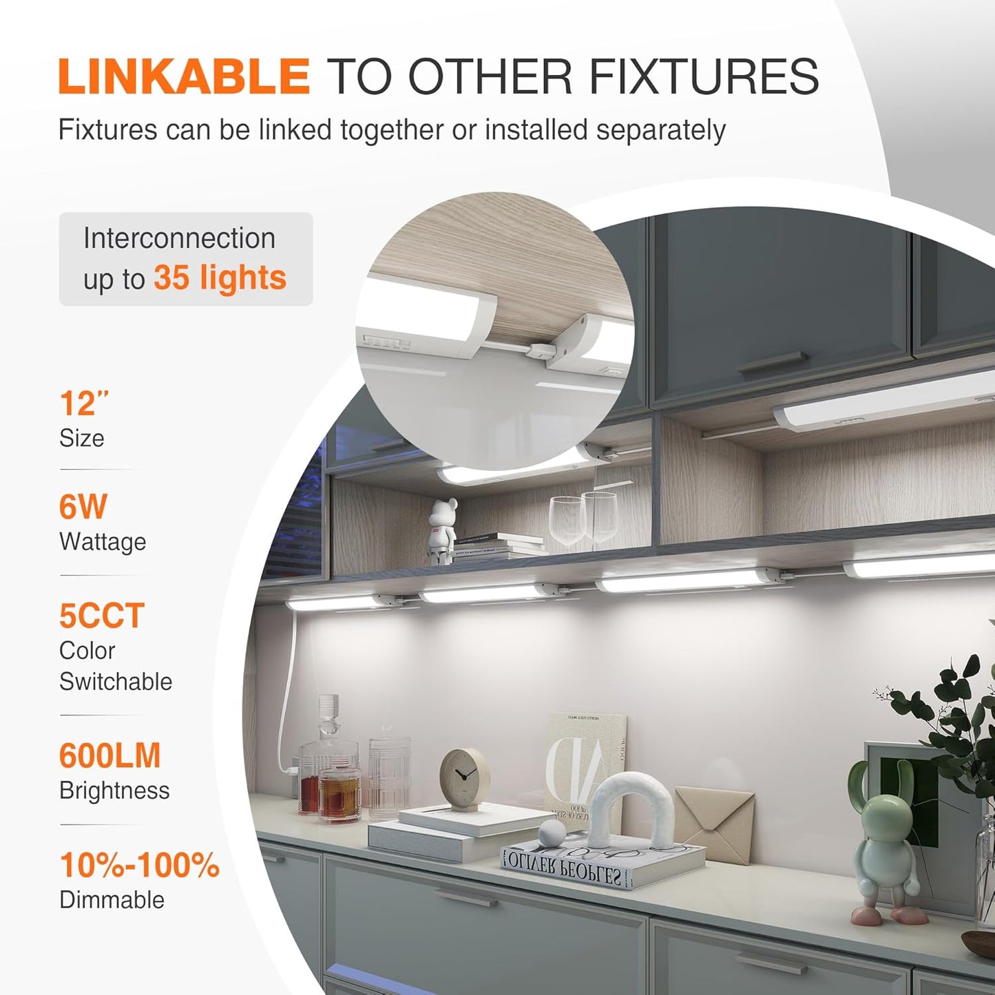 12inch Linkable Under Cabinet Lighting Hardwired Plug-in, Wired led Under Cabinet Lights with 5 CCT (2700/3000/3500/4000/5000) & Dimmable, Under Counter Lights for Kitchen, 6W, 600LM, 1 Pack