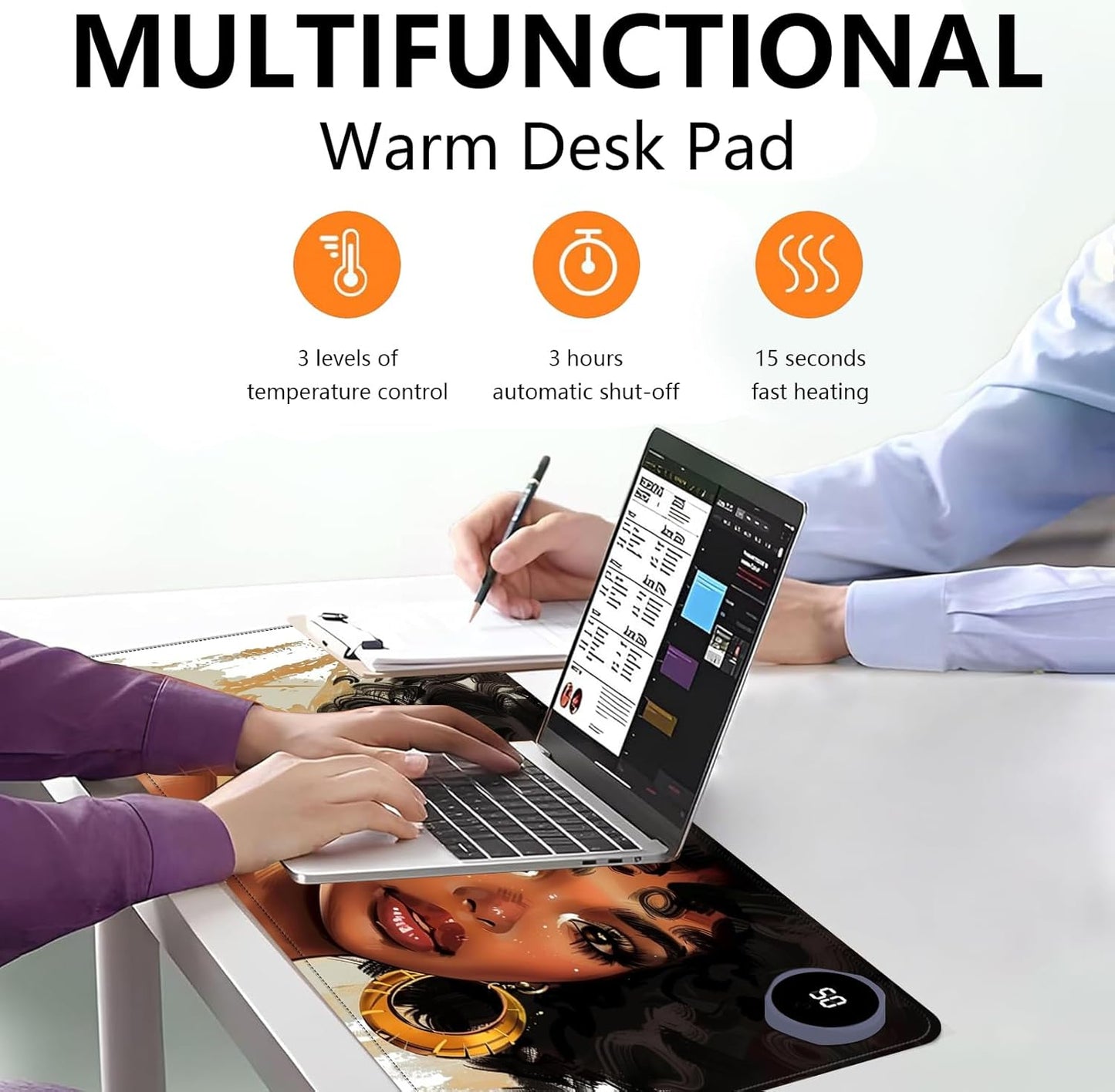 Heated Mouse Pad with 3 Levels Heated & 3 Hours Auto Shut-Off Mouse Pad for Warming Hands in Office Home, 23.6" x 14.2"Large Safe Desk Mat Hand Warmer，Girl with Short Hair