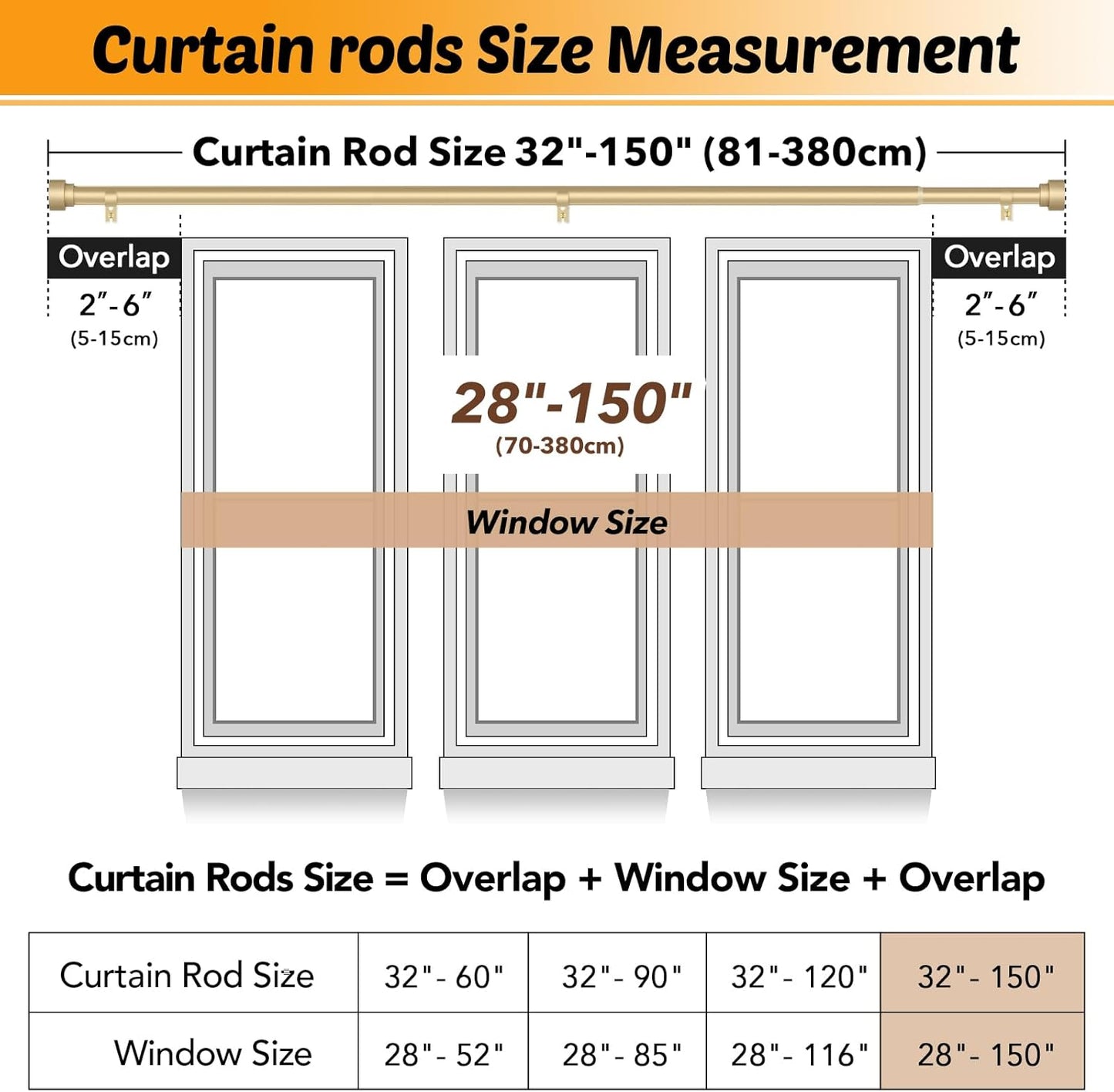 GEEBOBO Gold Curtain Rods for Windows 72 to 144 Inch, 1 Inch Adjustable Heavy Duty Decorative Window Curtain Rod, W1 (Gold, 32"-150")