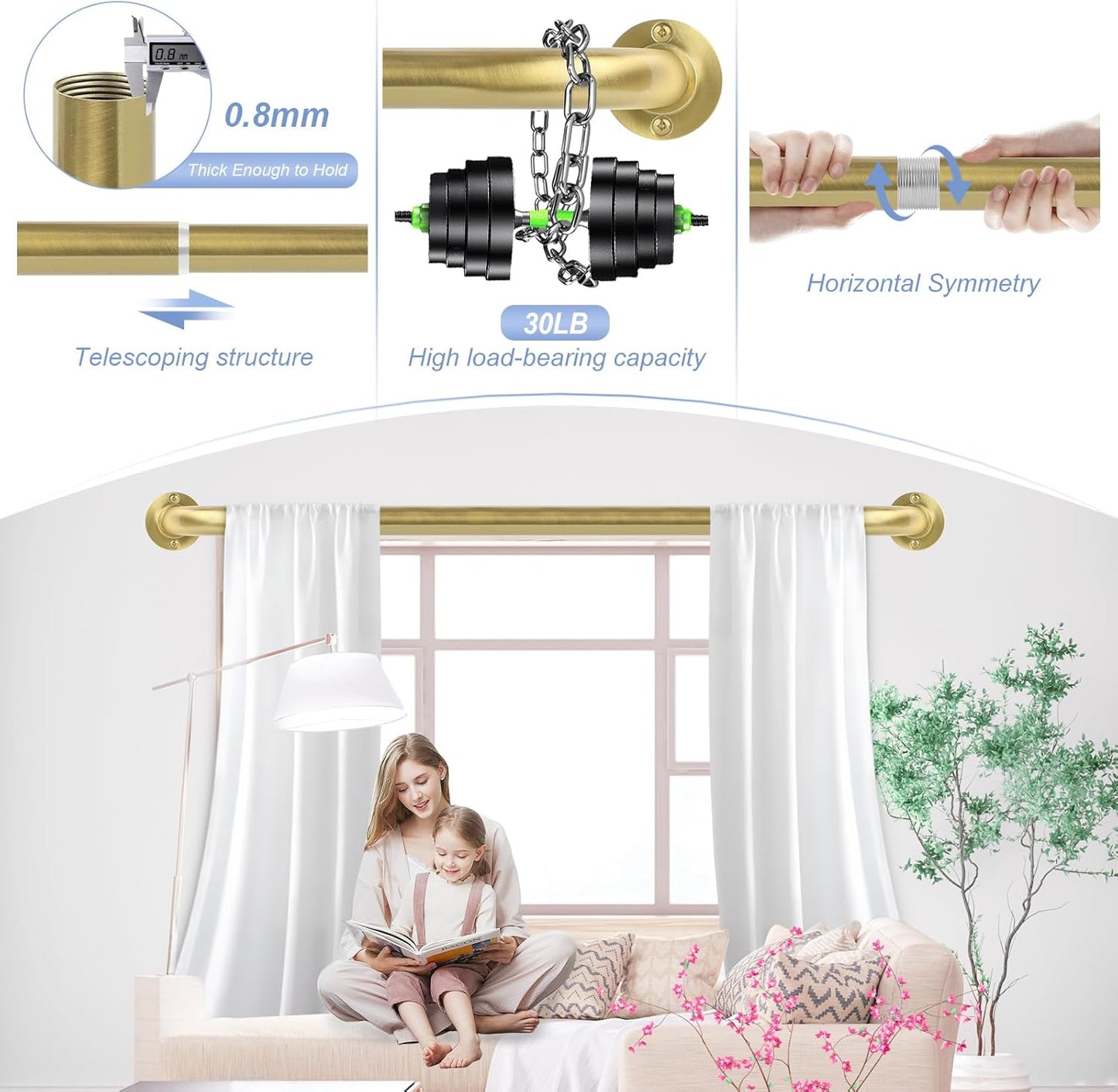Gold Wrap Around Curtain Rods 2Pack:Blackout Heavy duty Adjustable Window Curtain Rod for Bedroom,Industrial Darkening Curved French Metal Single Drapery Rods Easy Install,Brushed Gold 28-48"