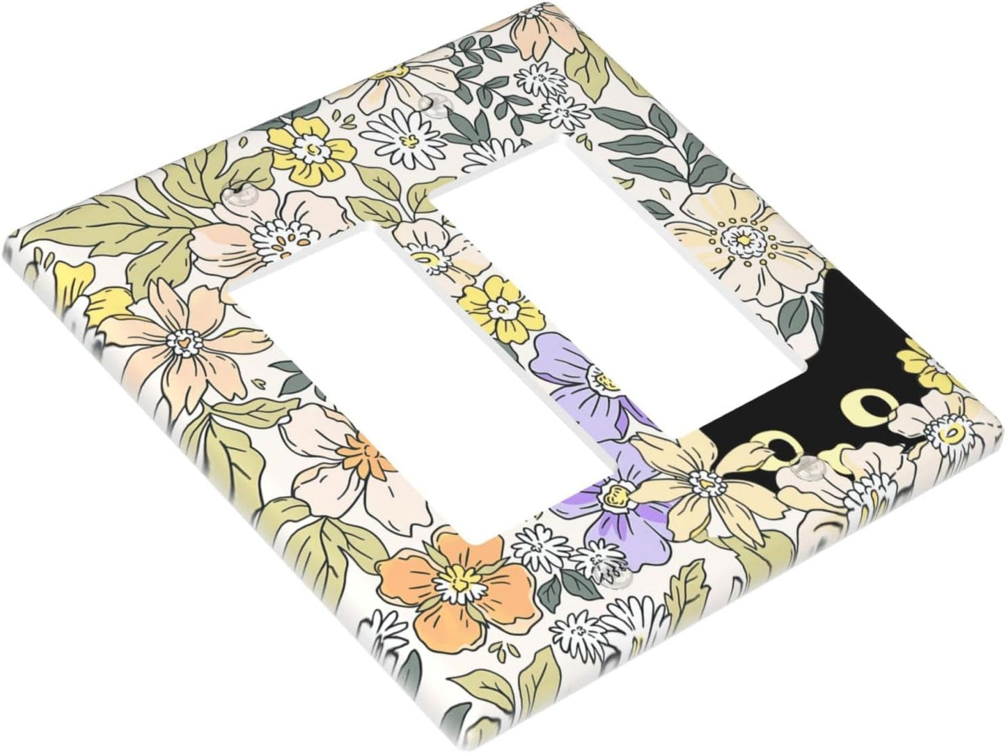 Decorative Outlet Covers Cute Black Cat in a Flower Patch Botanical Garden 2 Gang Wall Plate Double Rocker Light Switch Cover Double Switch Plate Cover for Home Decor （2 Pack）