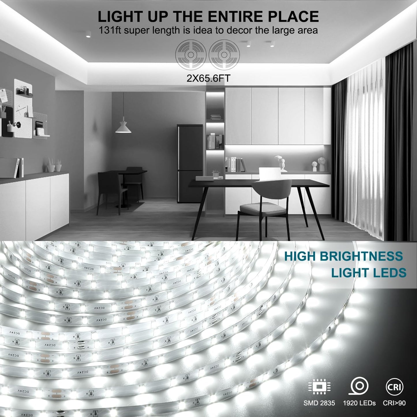 White LED Strip Lights, 131ft Dimmable 24V LED Lights Strip 6500K Bright Daylight White, Flexible Tape Lights for Bedrooms, Kitchen, Cabinet, Christmas Decor, 2 Rolls of 65.6ft