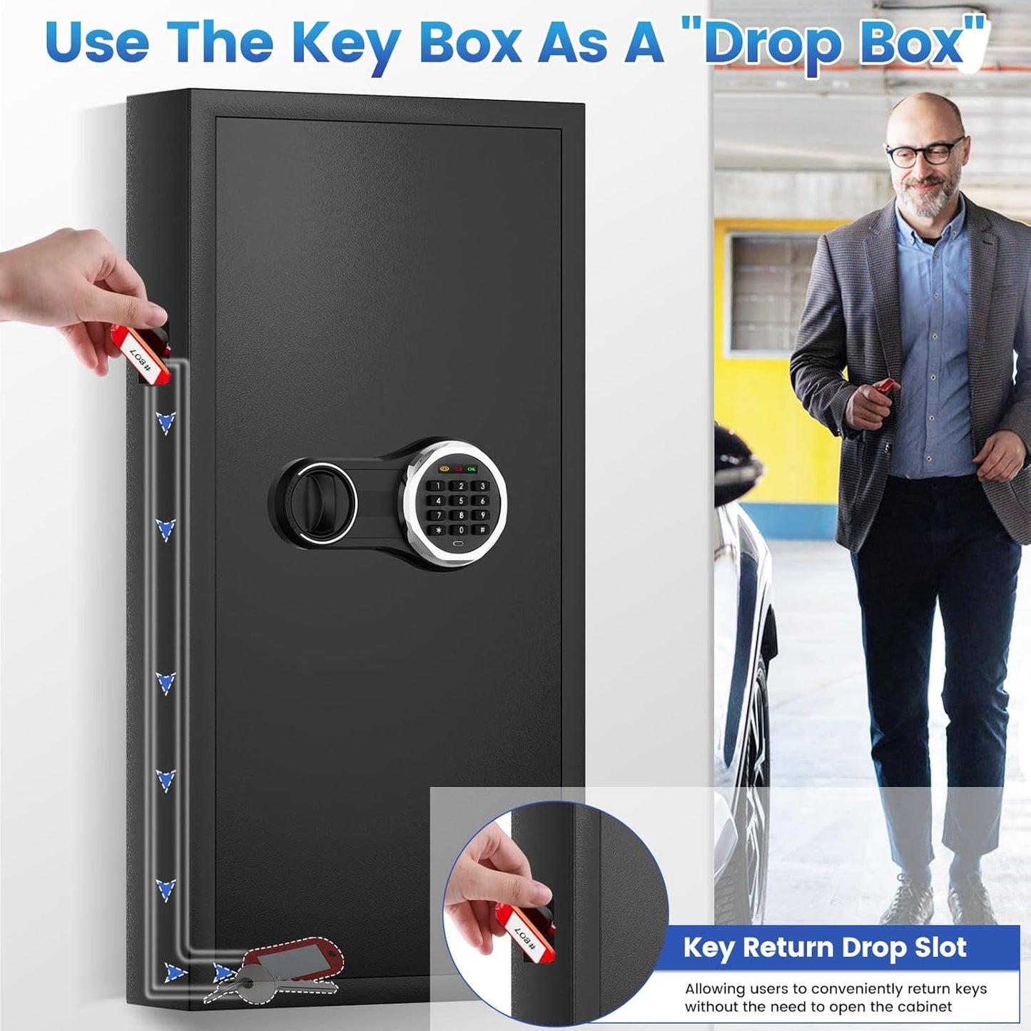 254 Keys Digital Key Lock Box Wall Mount with Code, Heavy Duty Anti-Theft Key Lock Box with Side Drop Slot and Colorful Key Tags for Car Garage House Rental Office