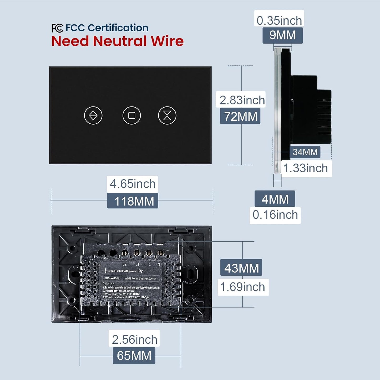 Smart Roller Shutter Switch 118X72X34MM Need Neutral Wire,2.4GHz WiFi Roller Shutter Switch, Tempered Glass Panel, Compatible with Alexa and Smart Life, Black WiFi-Roller Shutter