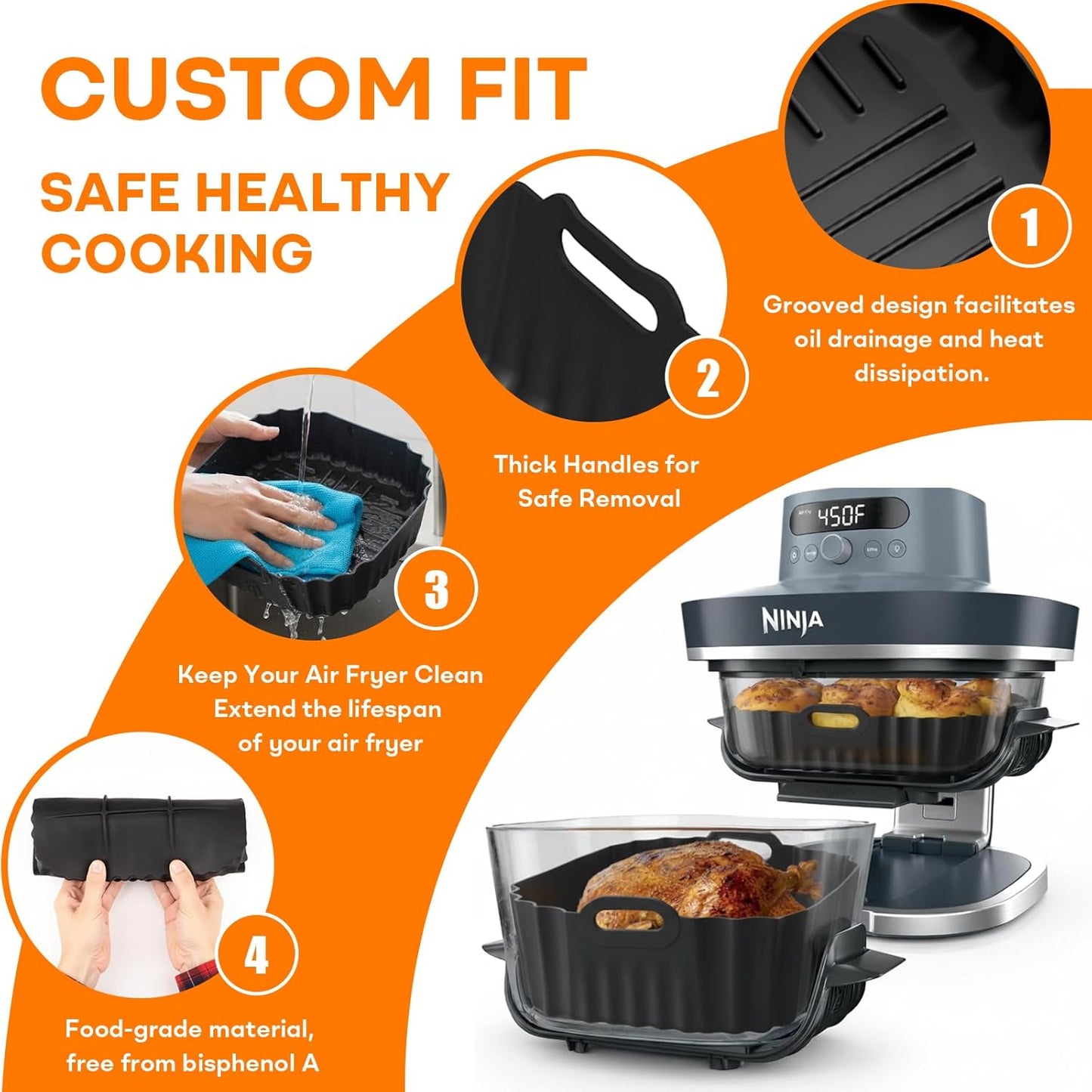 Silicone Air Fryer Liners 2 Pack, Reusable Non-Stick Square Liners Compatible with Ninja Crispi Pro Glass Air Fryer AS101CY, 5–6.5QT Air Fryer Baskets
