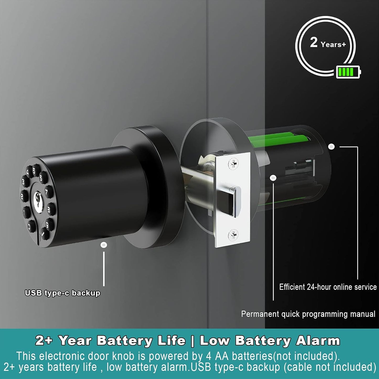 Keypad Door Knob with Key,Keyless Entry Door Lock, Code Locks Door Knob, Auto Lock,50 User Code,Easy to Install,for Home,Office,Hotel,Bedroom,Garage,No Deadbolt, Matte Black Finish