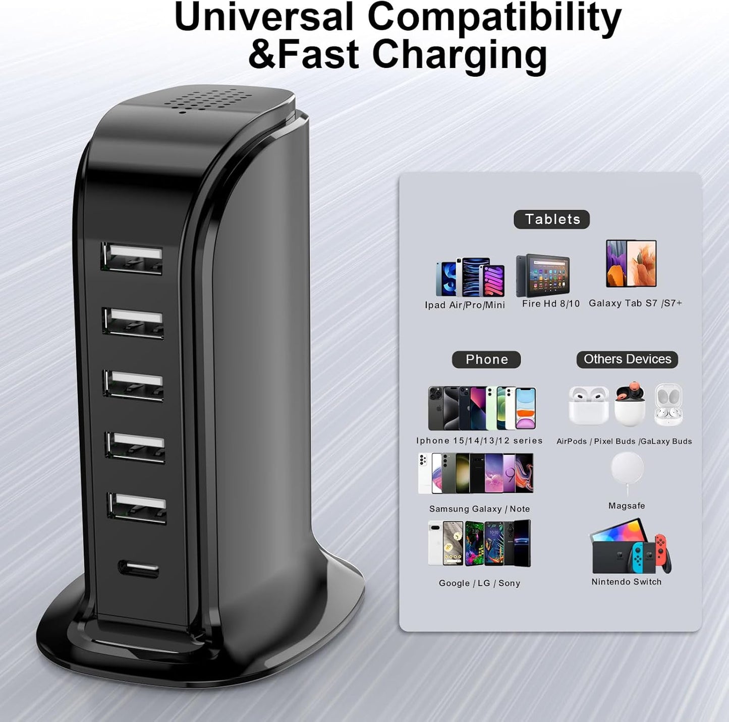 USB Charger Block with Type C, 6-Port Chargers for Multiple Devices, USB Charging Hub with Smart IC, Charger Station for Phone/Tablet/Gaming, Wall Charger Adapter Compact&Portable