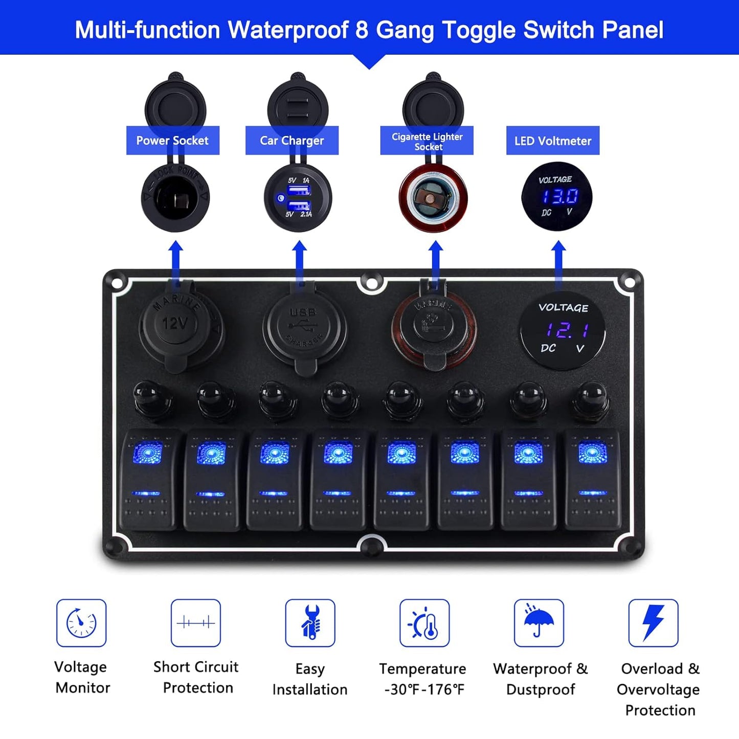 Marine Switch Panel Waterproof,8 Gang Boat Rocker Switch Panel,Multi-Function Toggle Light Switch Panel with Dual USB and Voltmeter Panel for RVs, Cars, Boats, Trucks,Trailers - 12-24V