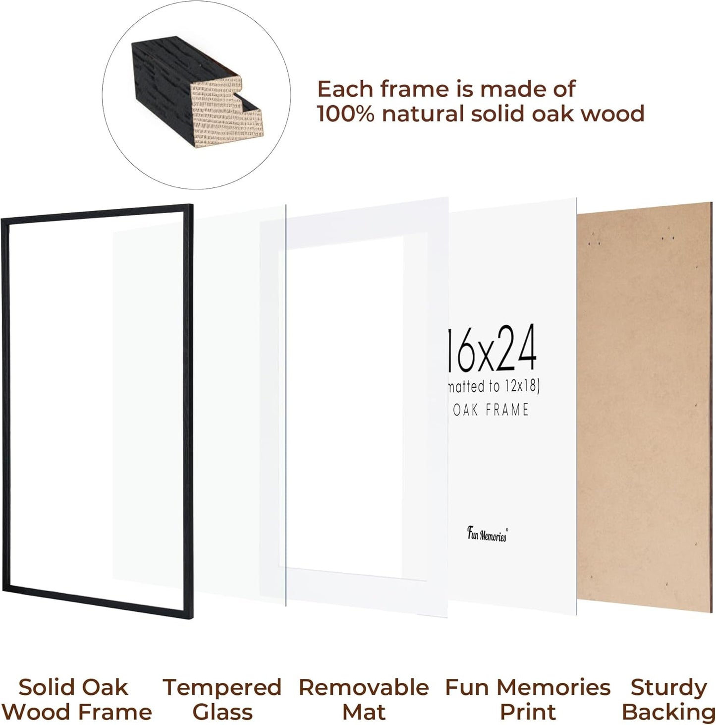 16x24 Wood Picture Frame, Real Oak Wood 16 x24 Frame for Wall, 16x24 Inch Poster Frame, 16x24 Picture Frame Matted to 12x18, 16 by 24 Wooden Frame, Black Color, 1 Pack