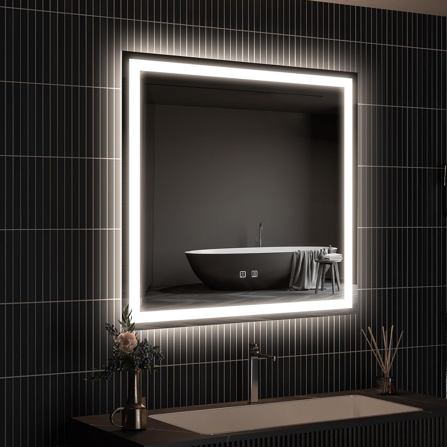APRILSOUL 30x30 Inch LED Bathroom Mirror with Front and Backlit, Makeup Mirror with 3 Color Lights, Memory Function, Anti-Fog and Dimmable Light (Horizontal)