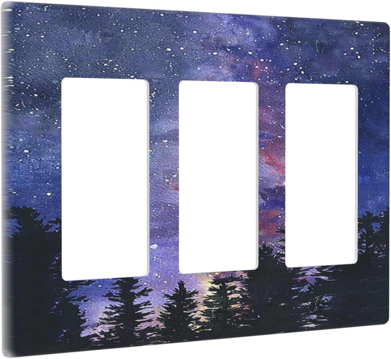Light Switch Covers Dream Milky Way Starry Forest Pine Watercolor Painting 3 Gang Rocker Electrical GFCI Decorative Triple Outlet Wall Plate Cover Switchplate for Bedroom Home Decor