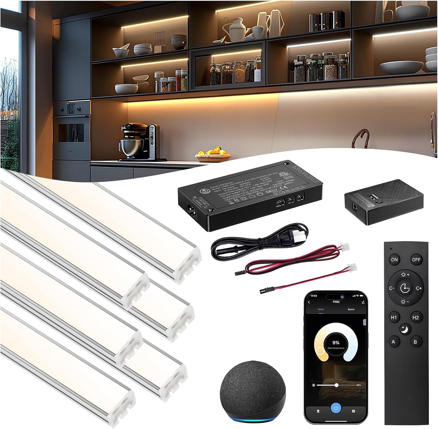 VST Smart Under Cabinet Lighting 6 Bars - UL Listed CRI 93+ Adjustable COB Strip Lights, Alexa & Google Home Compatible, App/Voice/Hand Wave Control for Kitchen Cabinets & Closets