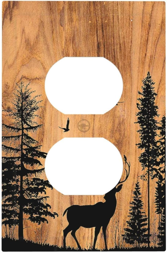 Outlet Covers Rustic Farmhouse Orange Brown Pine Tree Deer Wood Grain 1 Gang Duplex Wall Plate Decorative Switch Plates Electrical Receptacle Faceplate Light Switch Cover for living Room