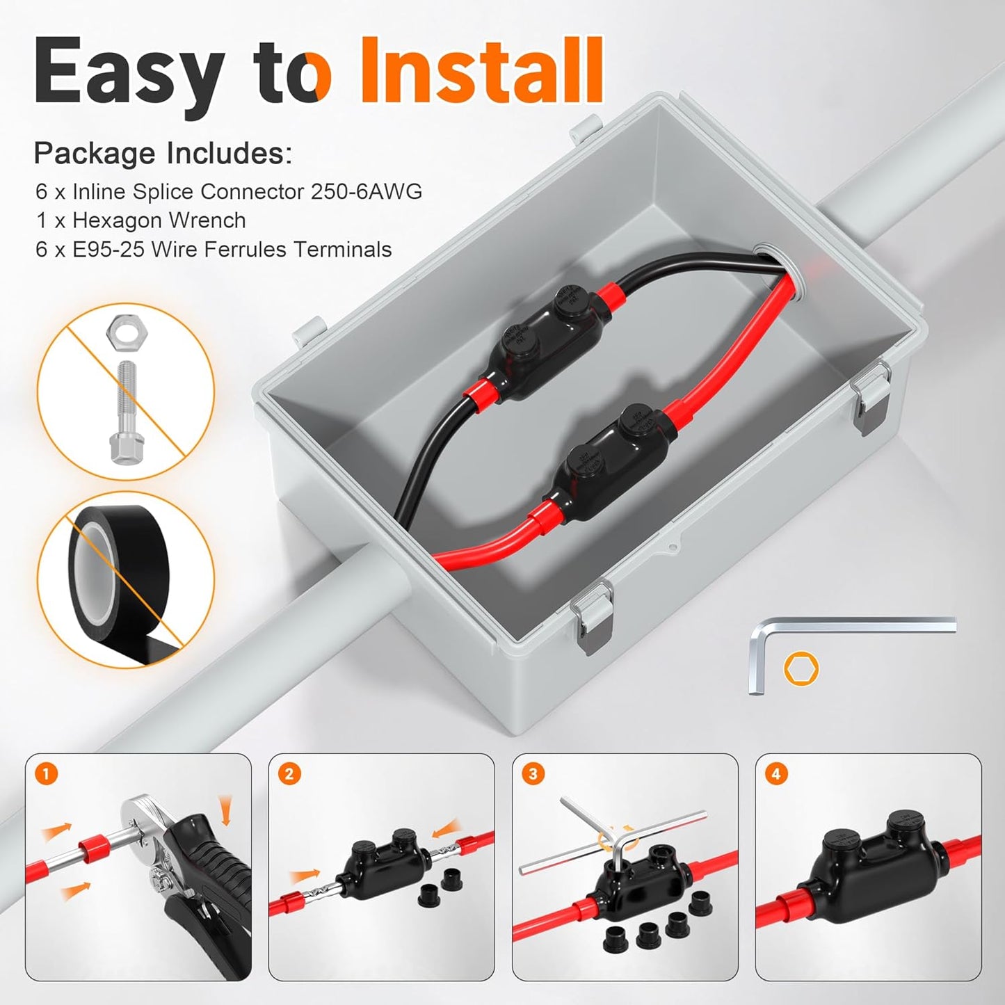 Joinfworld Insulated Inline Splice Connector 250CMC-6 Gauge Aluminum to Copper Wire Connectors Aluminum Wire Connectors Electrical Inline Splice Connector with 5/16" Slotted Allen Hex - 6 Pack