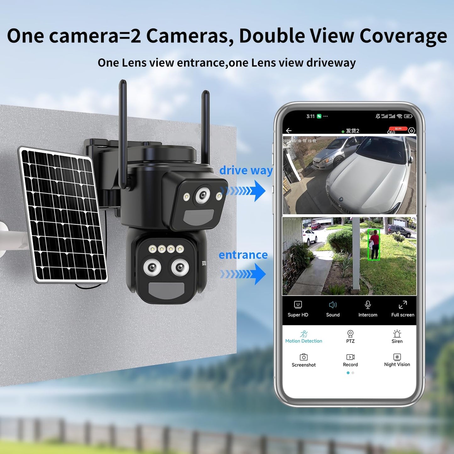 Security Cameras Wirelss Outdoor Solar Powered for Home Security, 360 View Outside Camera,Motion Detection,10x Hybrid Zoom PAN Tile,i IP-65 Weather Proof (3 Lens Hybrid Zoom)