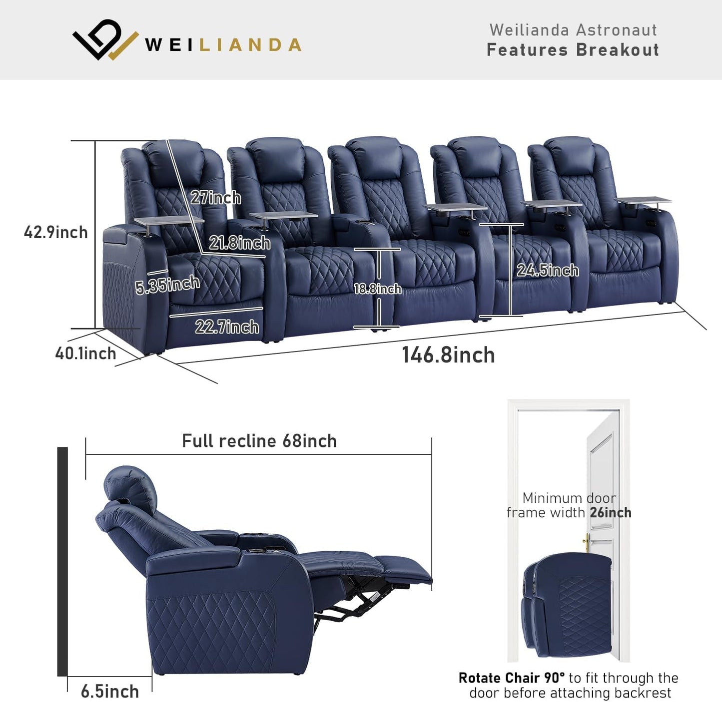 Weilianda Home Theater Seating Top Grain Leather Zero Gravity Recliner Chair Power Headrest Recline Movie Seat Gaming 7 Colors Mood Light Sofa with Tray Table USB Charge Row of 5 Blue