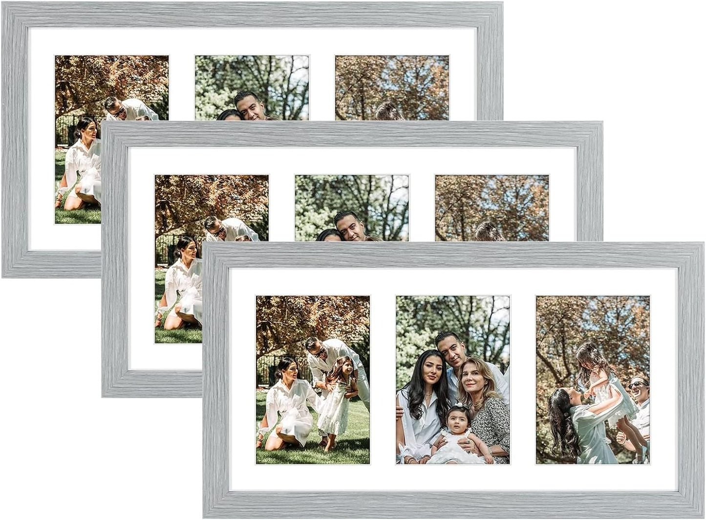 Golden State Art, Set of 3, 9x18 Grey Wood Frame - White Mat for Three 5x7 Pictures - Sawtooth Hangers- Swivel Tabs - Wall Mounting - Landscape/Portrait - Real Glass - Collage Frame