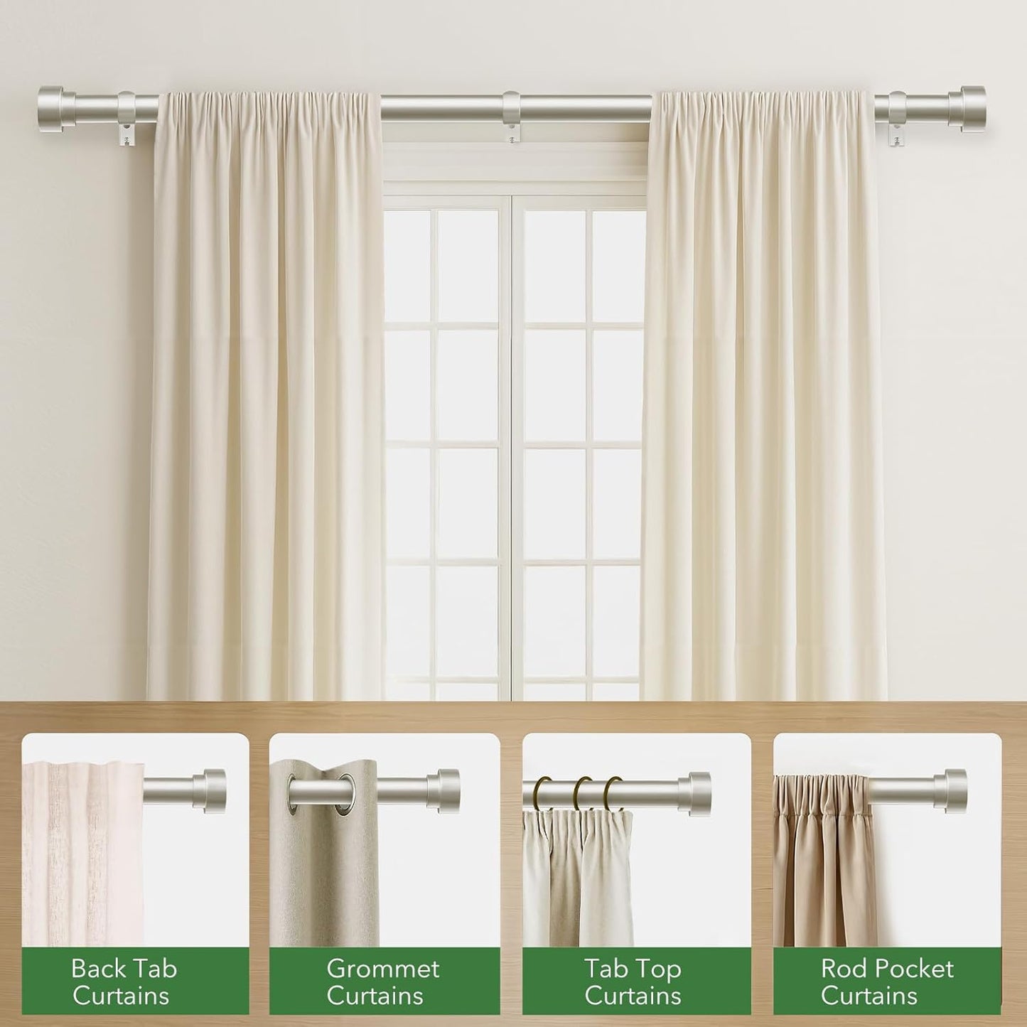 Time Forest Curtain Rods for Windows 48 to 84, 1 Inch Adjustable Heavy Duty Long Window Drapery Rods with End Caps, Indoor Outdoor Curtain Rod for Patio Bedroom, Size 32" - 90", Brushed Nickel