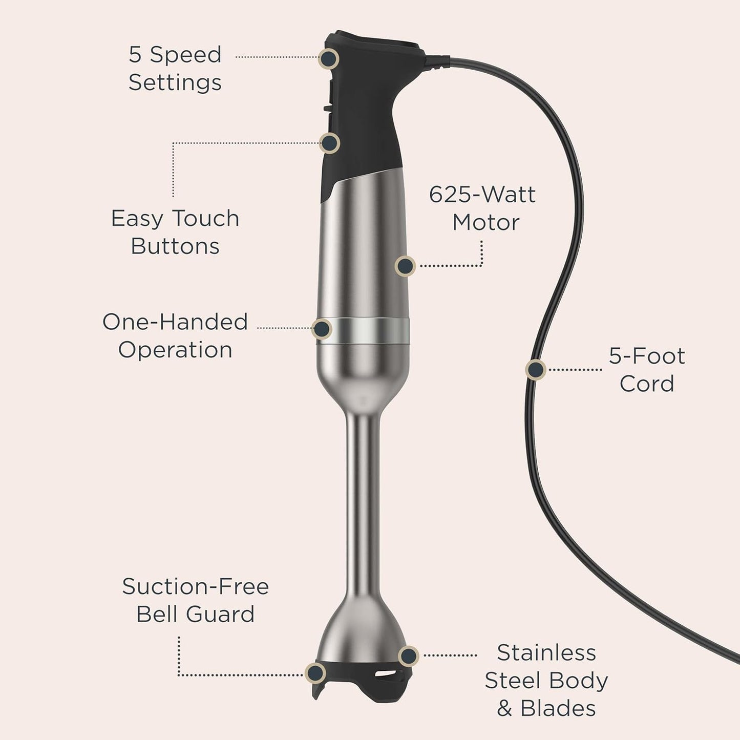 Vitamix 5-Speed Immersion Blender, Professional-Grade Hand Blender with 625-Watt Motor and Stainless-Steel Blade, Stainless Steel/White