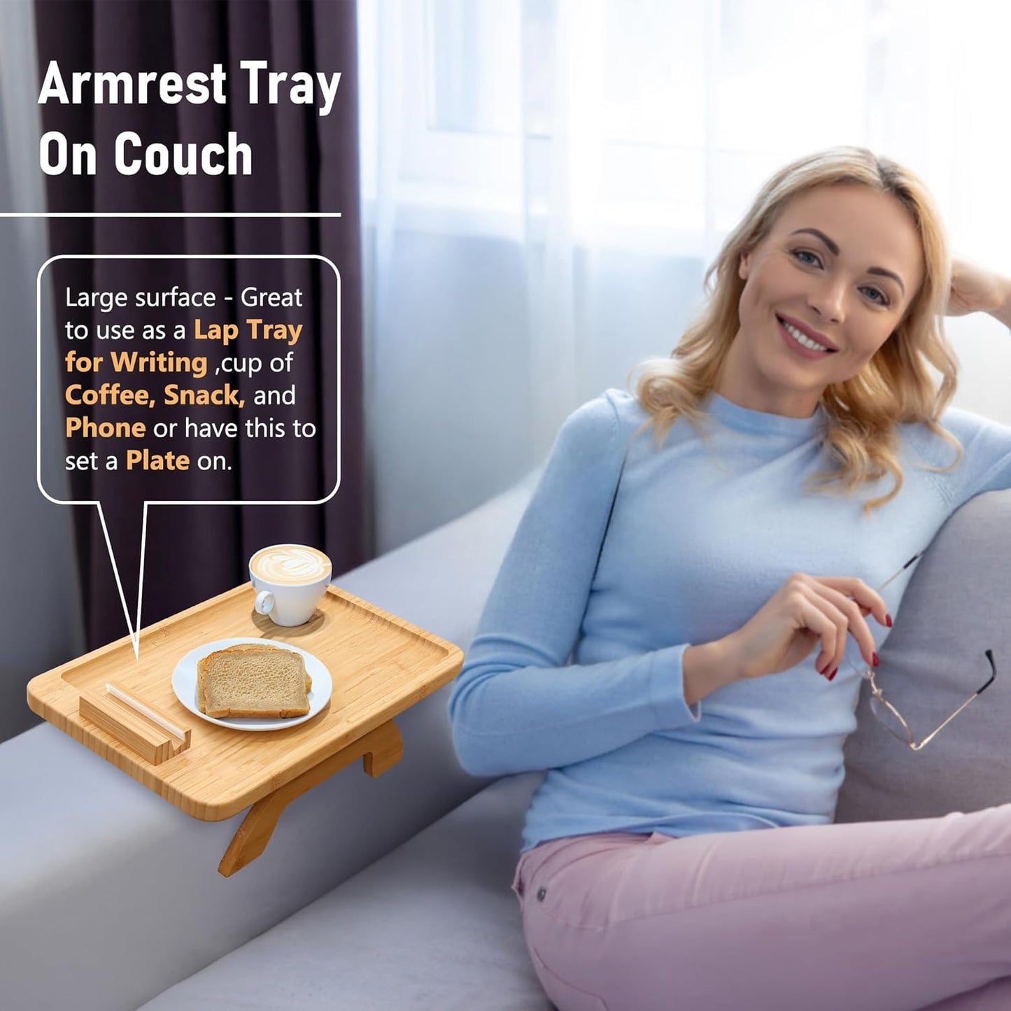 SINWANT Couch Arm Tray,Bamboo Sofa Clip on Side Table,Foldable Couch Armrest Table with 360° Phone Holder,Food Trays for Eating/Drinks/Snacks/Remote
