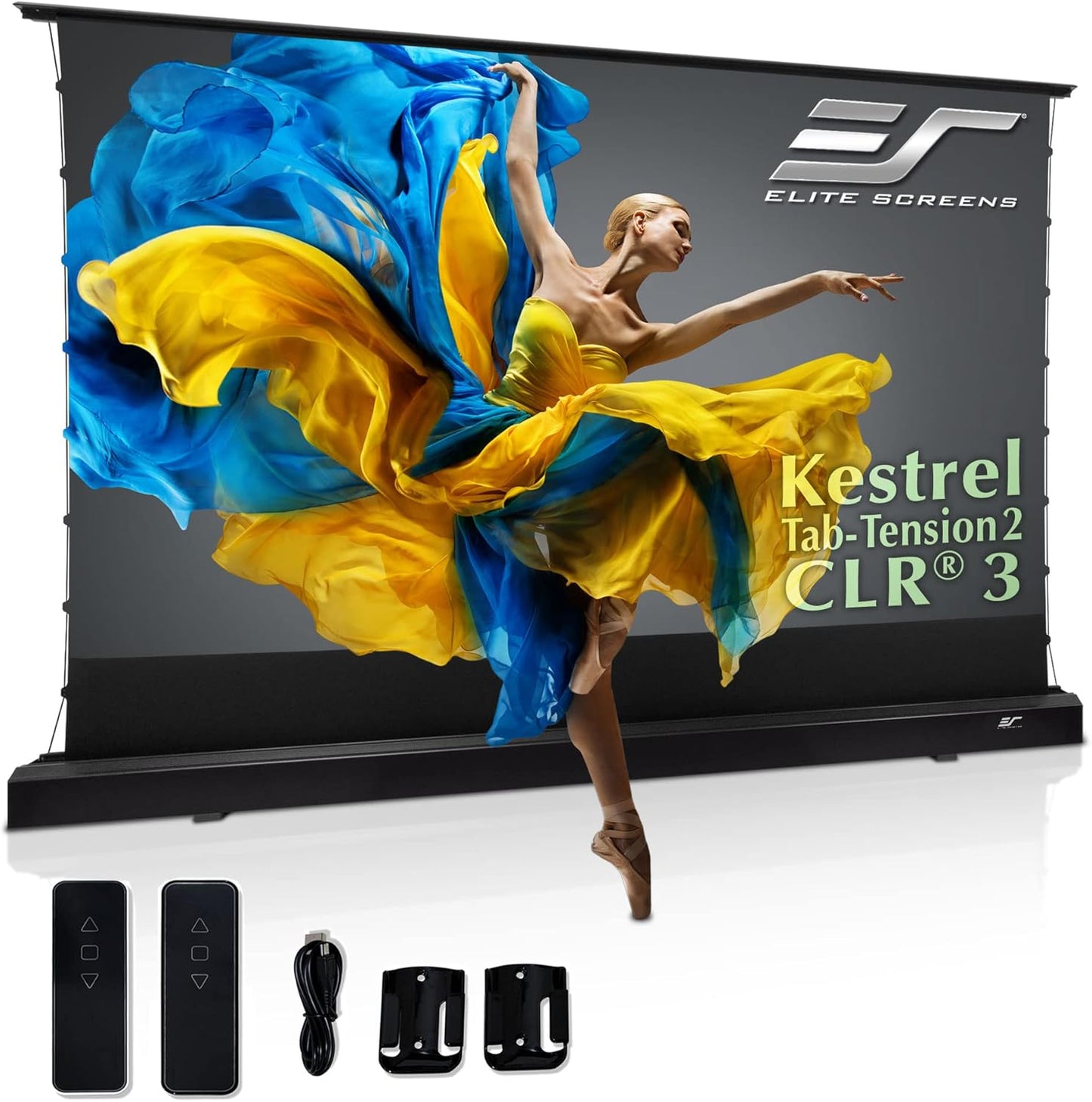 Elite Screens Kestrel Tab-Tension 2 CLR3, 121" 16:9, Ultra-Short Throw Ceiling Ambient Light Rejecting (CLR/ALR) Electric Floor-Rising Motorized Front Projector Screen, Black Casing, FTE121UH3-CLR3