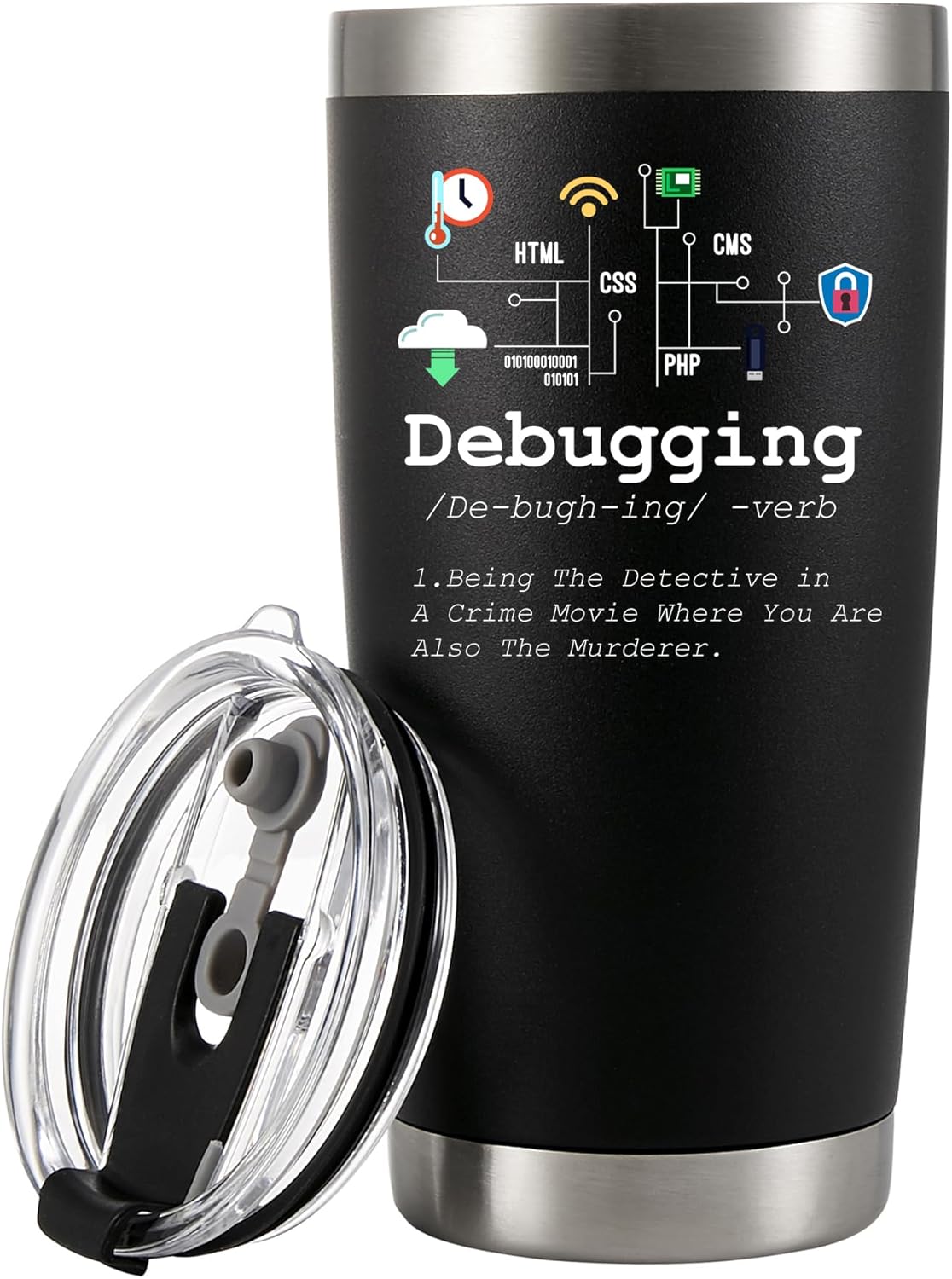 Debugging Definition Computer Programmer Student Teacher Geek Coder Friend Coding Programming IT Vacuum Insulated Tumbler Nerd Tech Support Travel Mug Stainless Steel With Straw Removable Lid (20 oz)