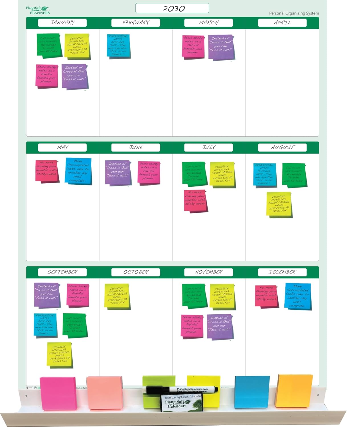 Earth Green12 Section Task, Objective and Goals Planning System Vertical 24"x 18". Wall Tray, Dry-Erase Marker, Eraser and 600 Sticky-Notes