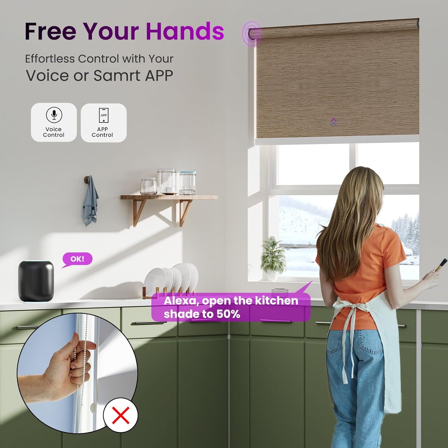 Astomi Motorized Roller Shades for Windows, Blackout Automatic Blinds with Remote, Smart Blinds, Voice Control, Compatible with Alexa, Google, Custom Size (Natural Wood)