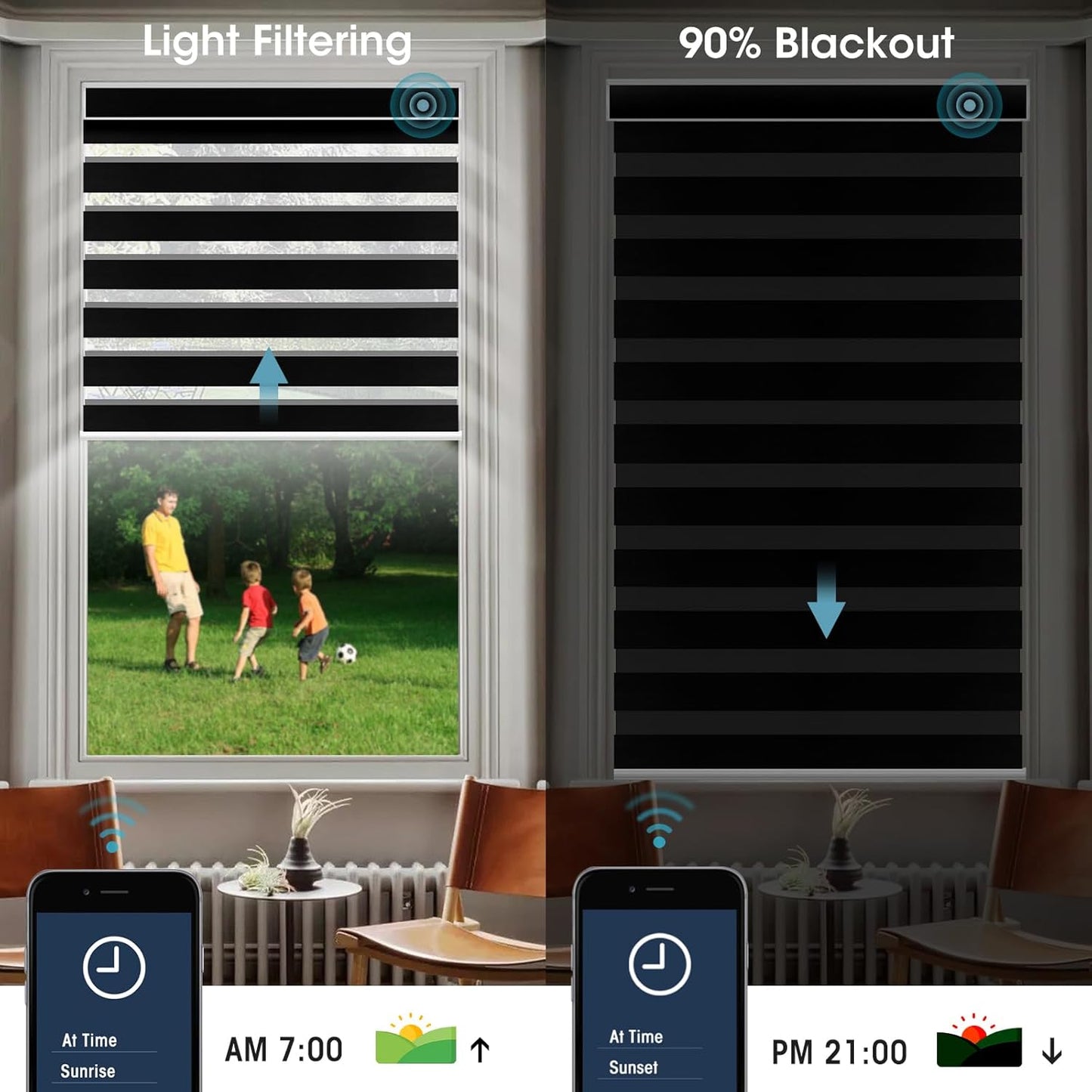 SmartWings Motorized Zebra Shades with Valance Work with Homekit Thread Alexa Z-Wave Smart Dual Layer Shades with Remote Control, Automatic Horizontal Window Blind, 90% Blackout 95mm Astrid Black