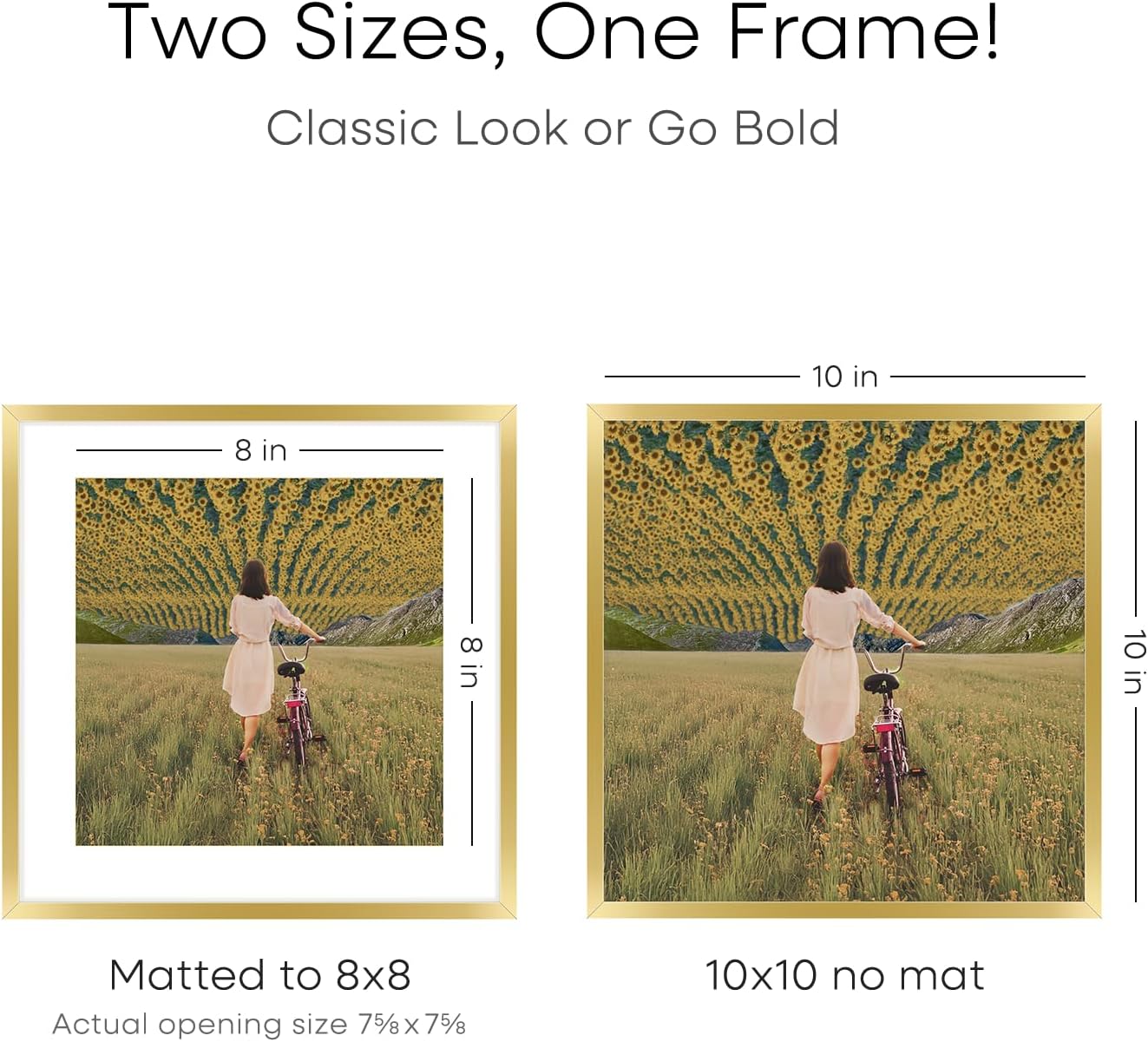Homeforia Square 10x10 Gold Frame, High End Metal 10 by 10 Picture Frames with Mat 8 x 8, 10by10 Thin Poster Frame Matted to 8x8 inch Photo, Wall or Tabletop Frames, Tempered Glass, Wall Kit, Set of 4