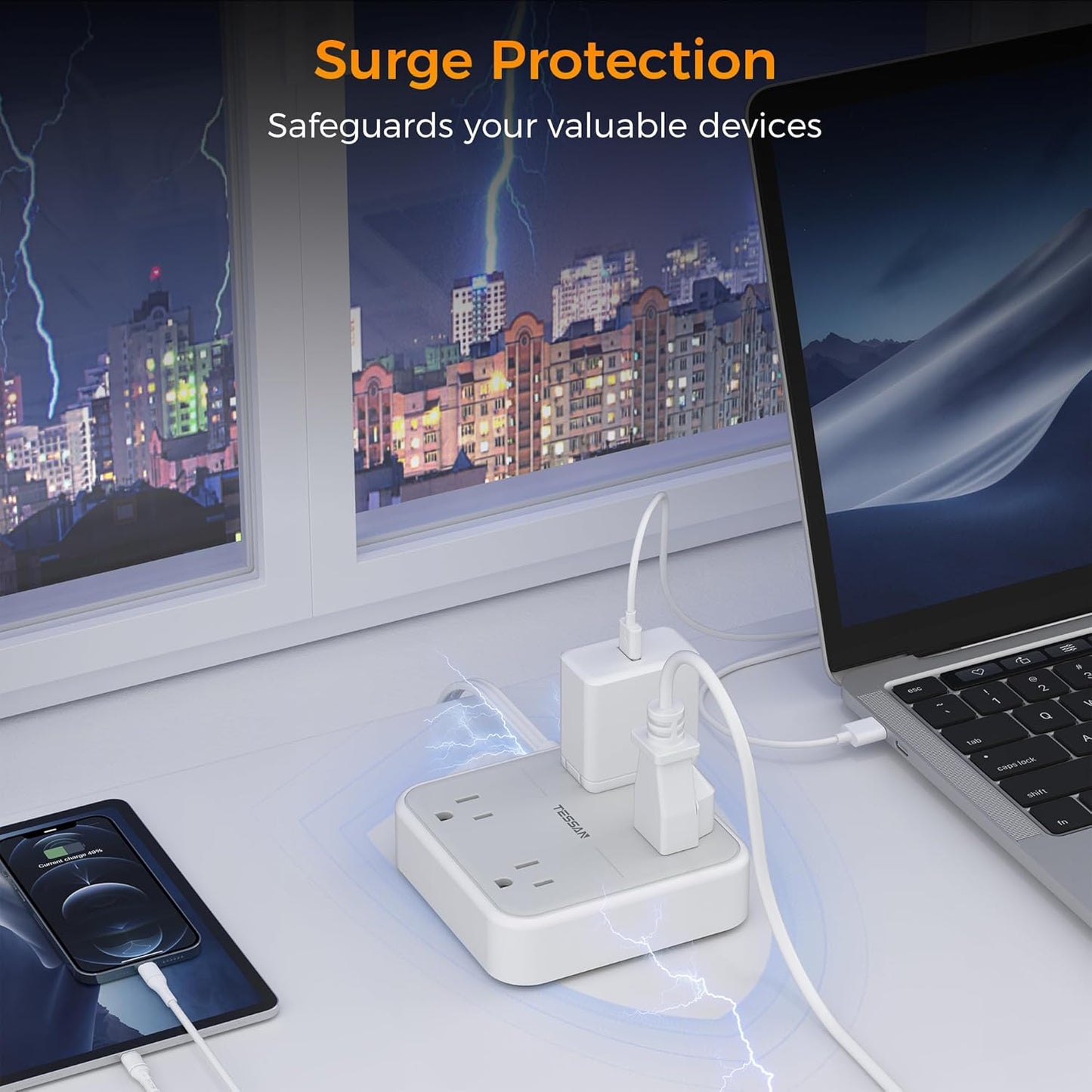 Surge Protector Power Strip, TESSAN 5 ft Extension Cord Flat Plug with 4 Widely Outlets, Indoor Desk Charging Station with Surge Protection for Home, Office Supplies, Dorm Room Essentials