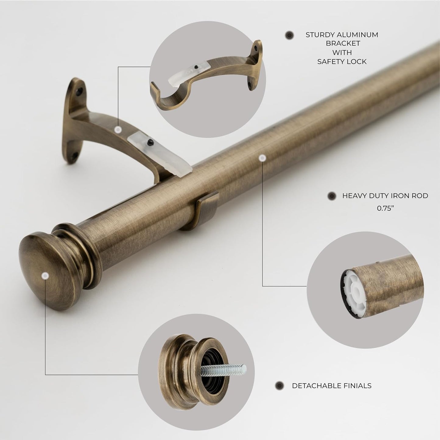 Deco Window Adjustable Curtain Rod for Windows 18 to 44 Inch Extendable Heavy Duty 1 Inch Iron Drapery Pole with End Cap Finials Wall Mounted French Door Curtain Rods (Pack of 1, Antique Brass)