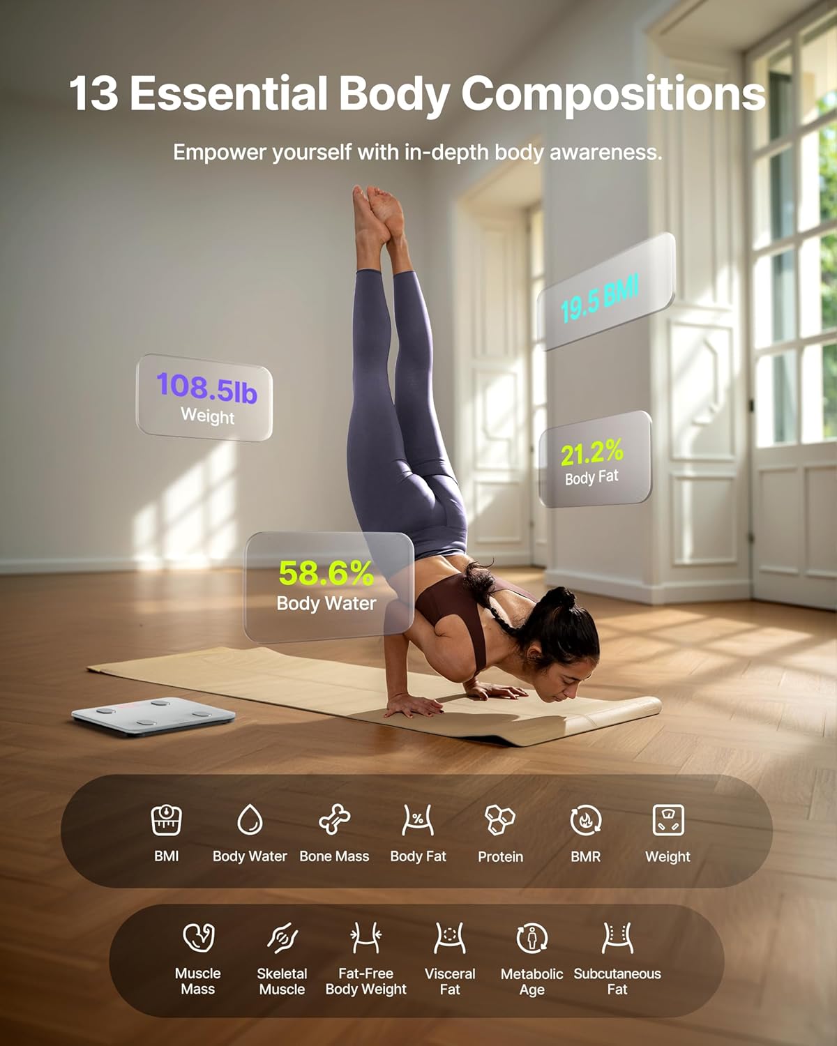 FITINDEX Smart Scale for Body Weight, Scale with BMI, Body Fat, Muscle Mass, Bluetooth,13 Body Composition Analyzer, Sync APP, Digital Bathroom, 400lb, White