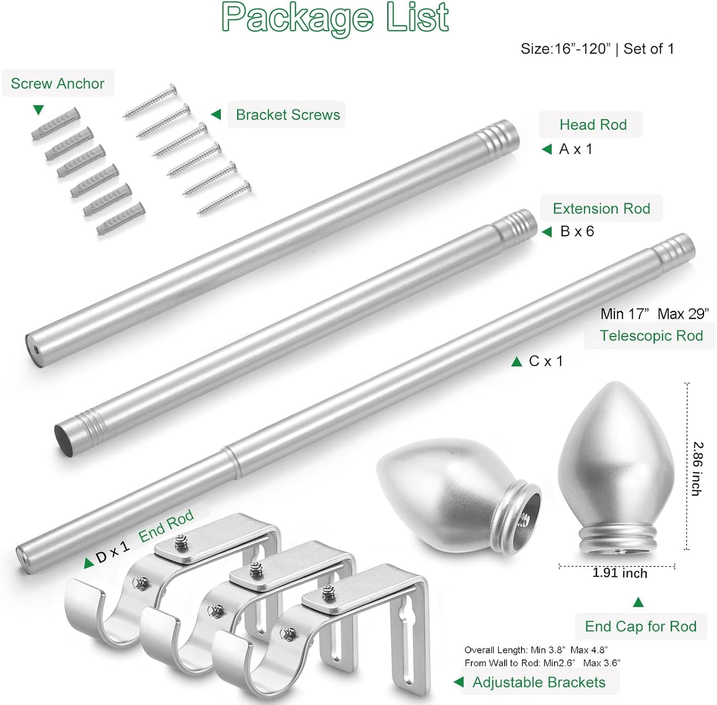 Curtain Rods for Windows 16 to 120 inches, Curtain Rod Max Adjustable Length to 132 in, Drapery Rod 1 inch Diameter with Modern Knobs Finials (Satin Silver, 16" to 120" - Set of 1)