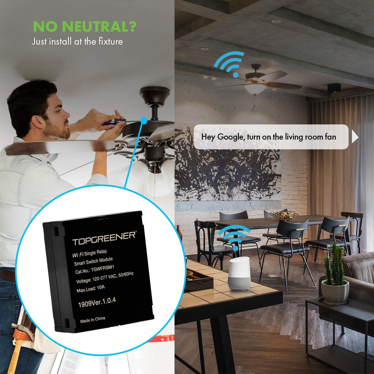 TOPGREENER Wi-Fi Relay Module, Hidden Smart Switch for Fans, Lights, Outlets, 120-240VAC, 10A, ETL Listed, TGWFRSM1, Black