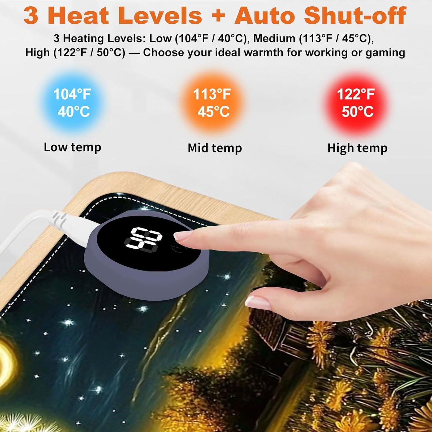 Heated Mouse Pad for Desk 31.5" x 13" – PU Leather Warm Desk Pad with 3 Heat Levels (104°F/113°F/122°F), Plug-in Electric Heating Mat with Auto Shut-Off, Waterproof & Rollable, Mouse with Dandelion