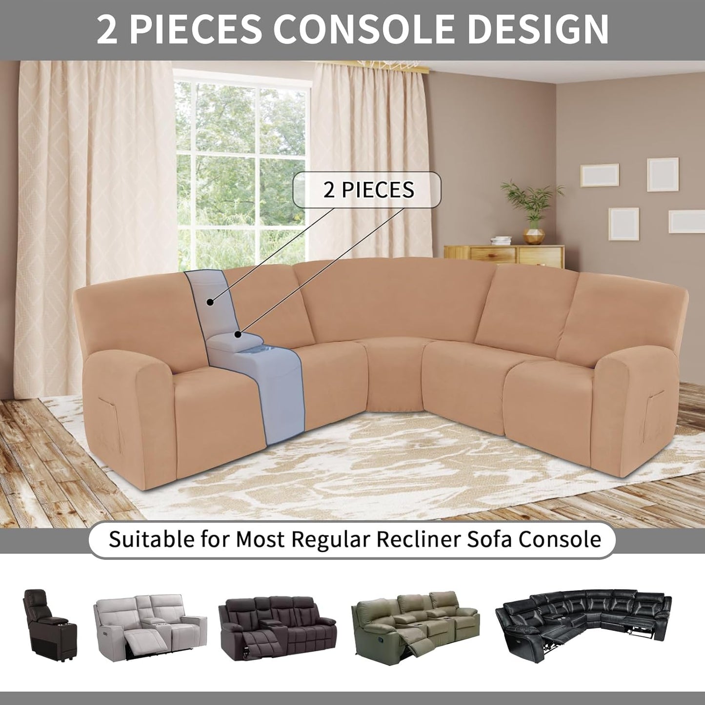 Easy-Going 100% Waterproof Recliner Console Cover, Stretch Middle Console Couch Covers for Reclining Sofas, Sectional L-Shape Furniture Protector for Kids & Pets, 1 Console Cover, Camel