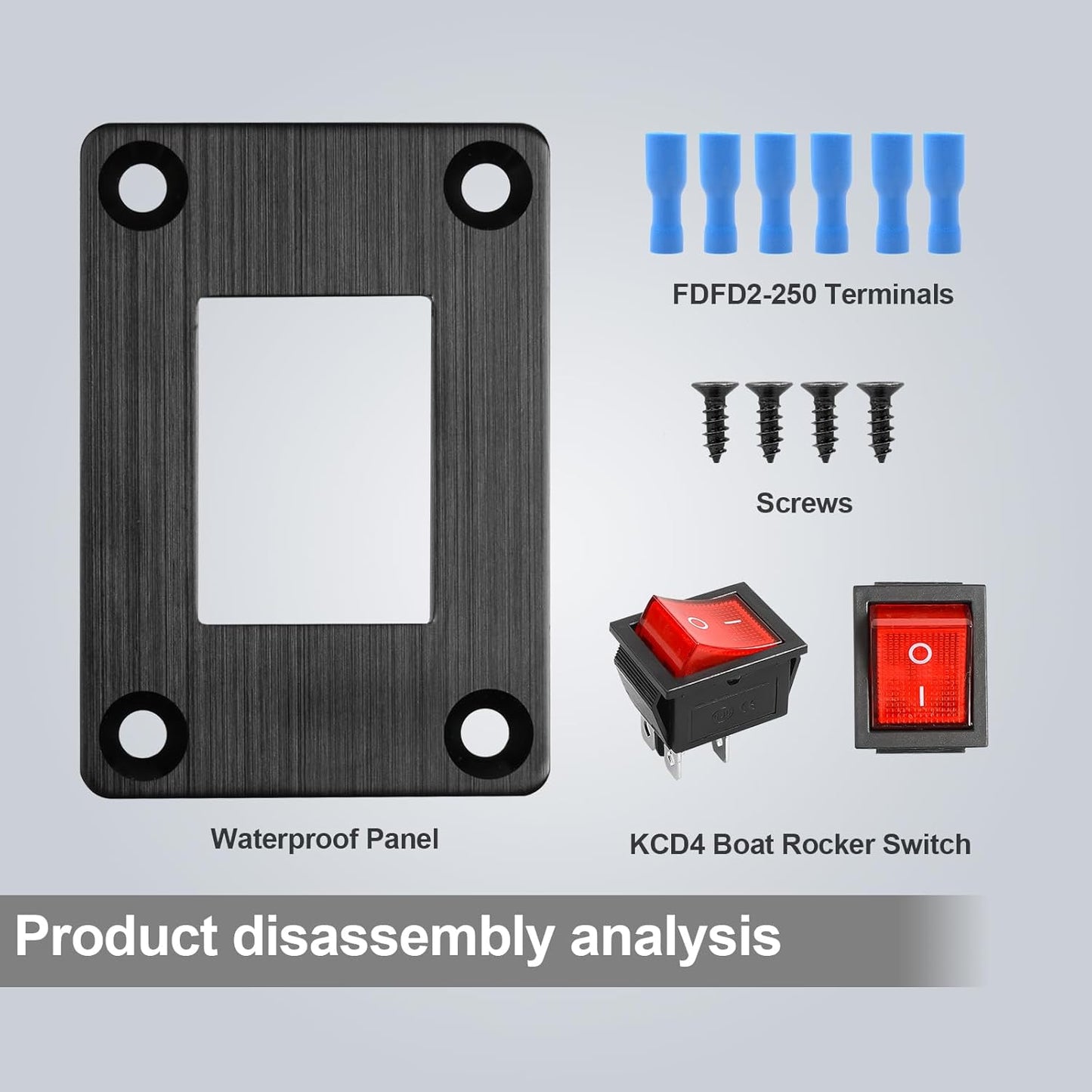 1Pcs Red LED KCD4 Boat Rocker Switch 2-Position 4-Pin DPST Panel Switch 16A 250VAC 20A 125VAC, with 6pcs FDFD2-250 Blue Terminals, CE