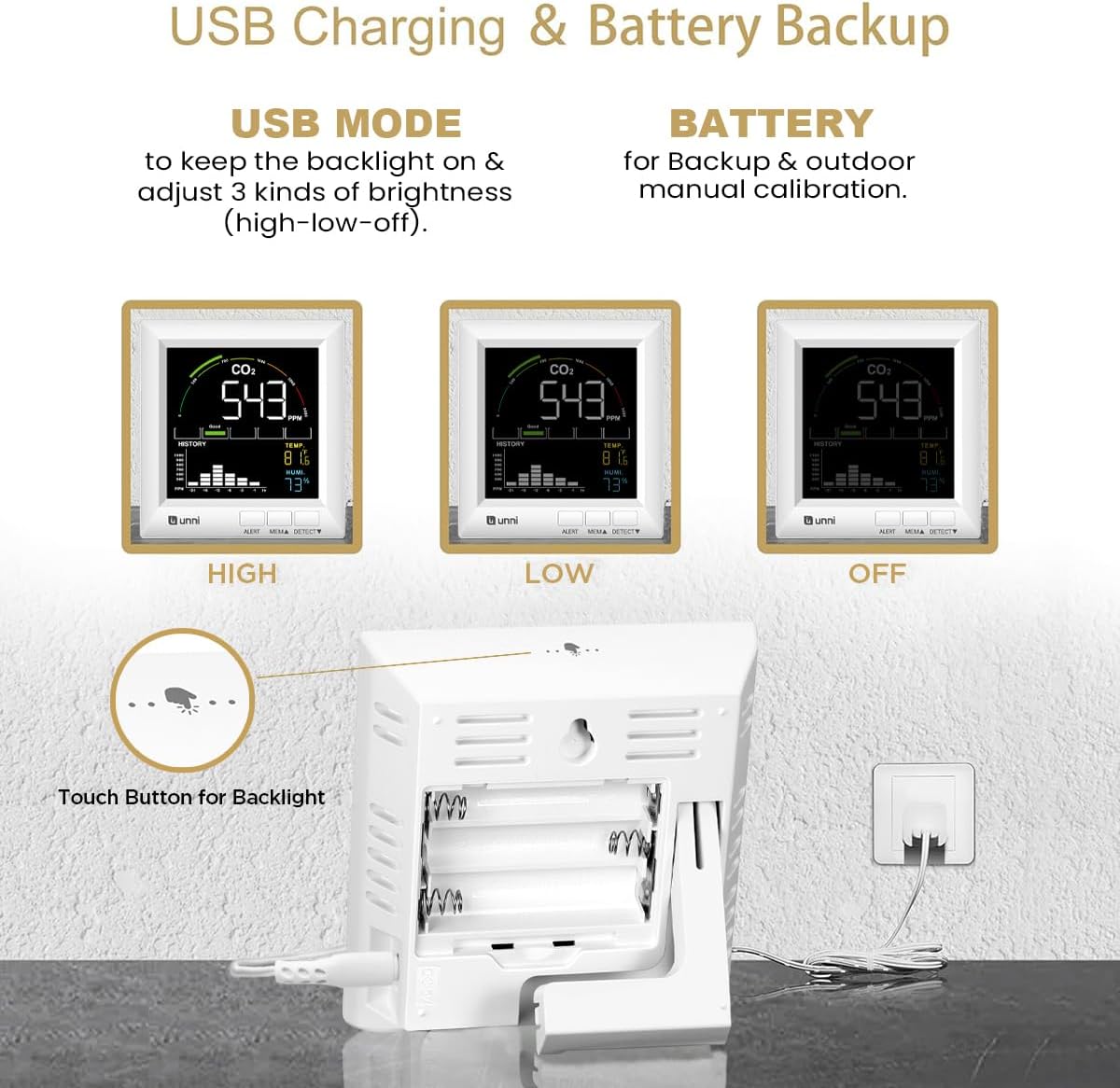 CO2 Monitor Carbon Dioxide Detector for Home, 3 Adjustable Volume for Alerts & 3 Adjustable Backlight, Photoacoustic Sensor for Temperature Humidity & Indoor Air Quality Monitor
